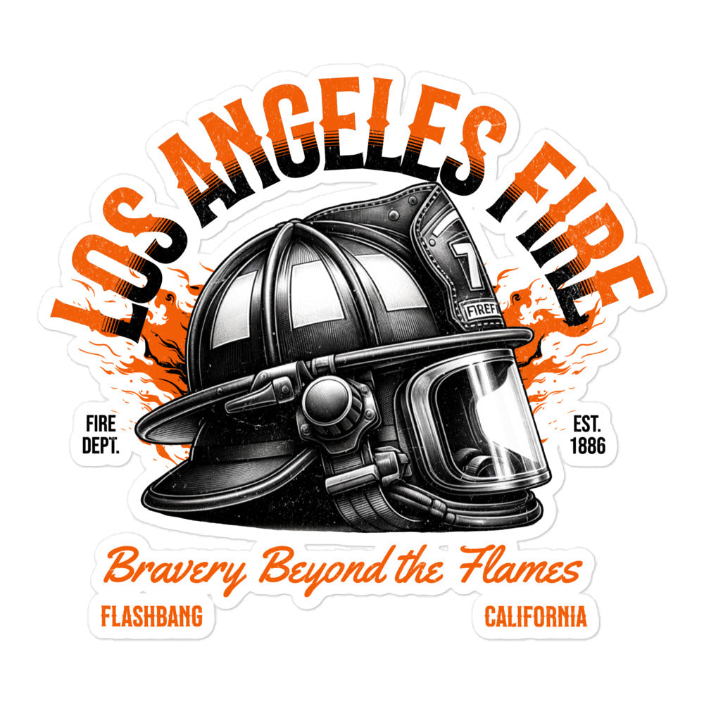 Los Angeles Fire Department helmet sticker with text 'Bravery Beyond the Flames' on a white background