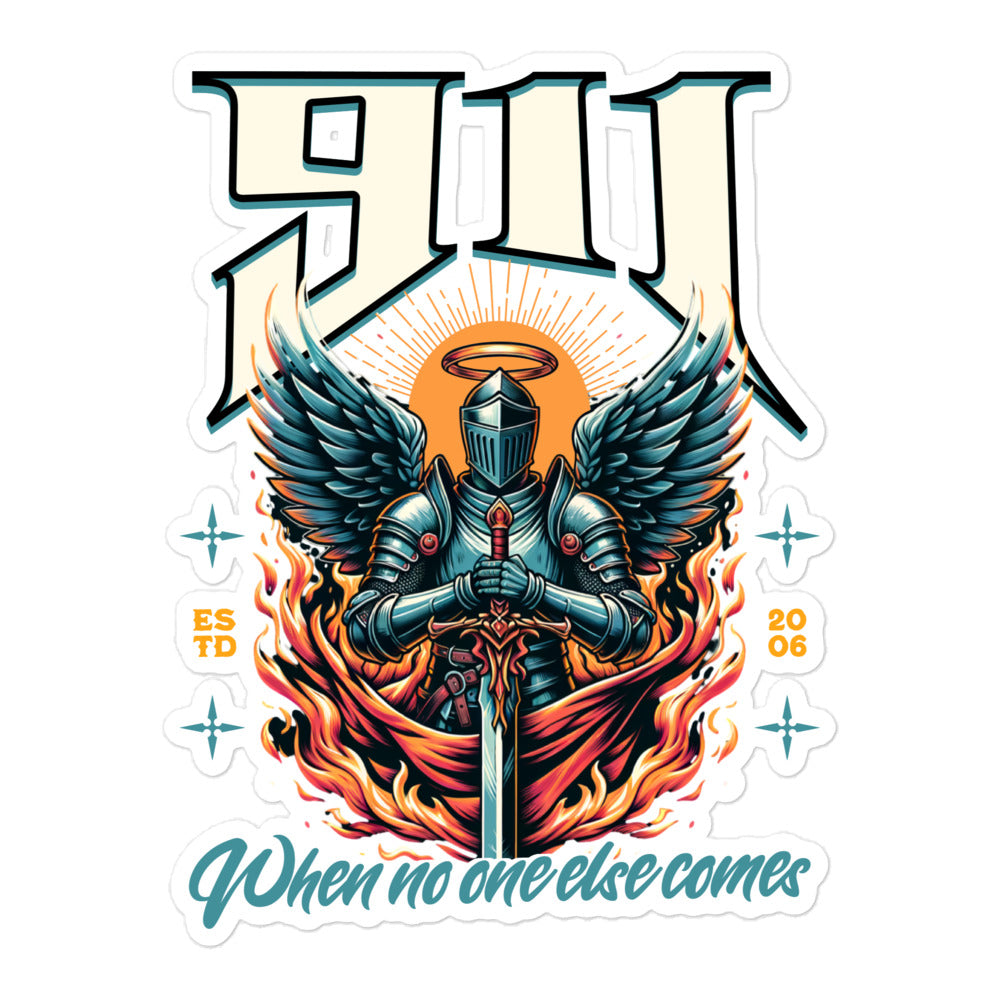 Sticker design with a knight in armor holding a sword, surrounded by flames and wings, on a white background.