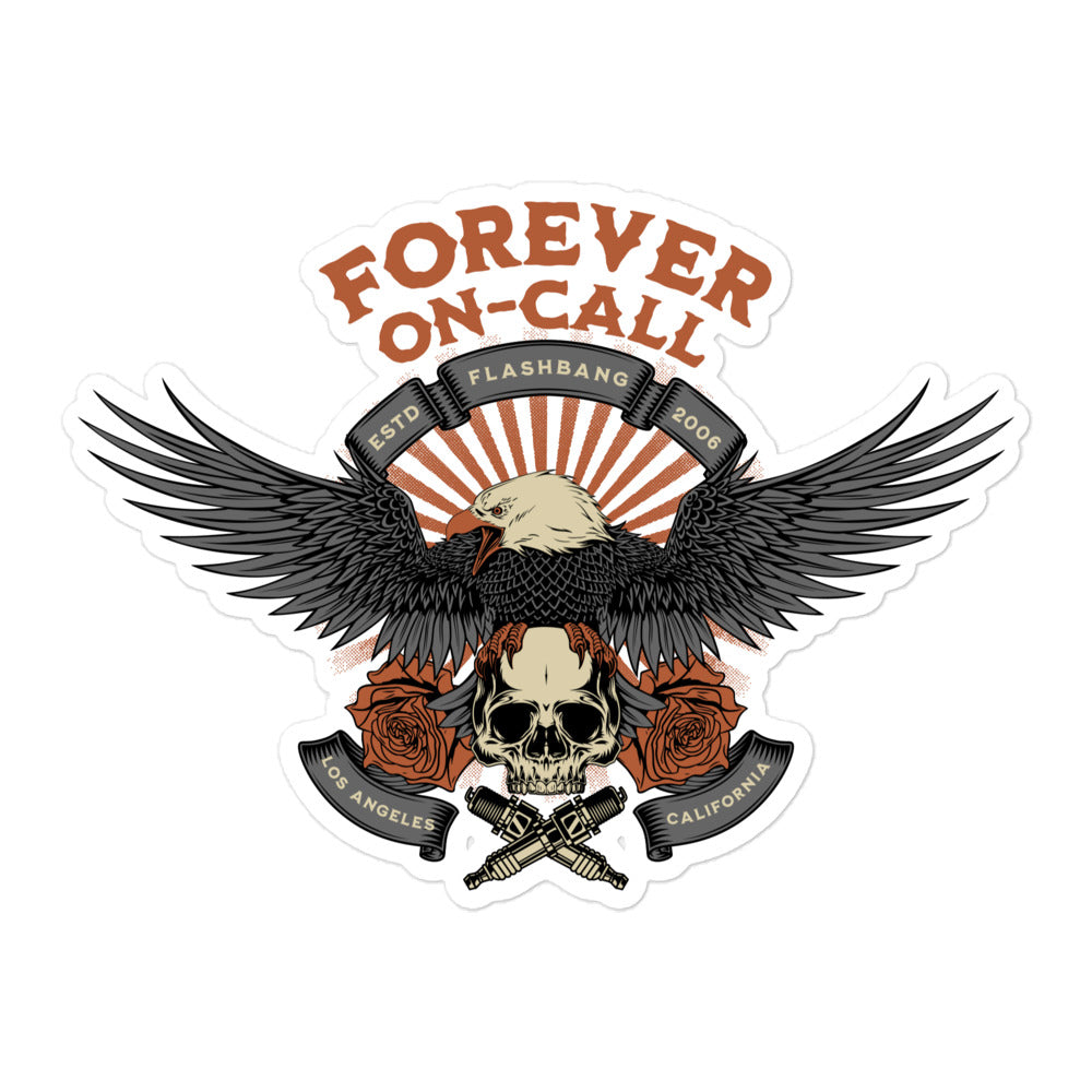 Sticker design with an eagle, skull, roses, and text 'Forever On-Call' on a white background.