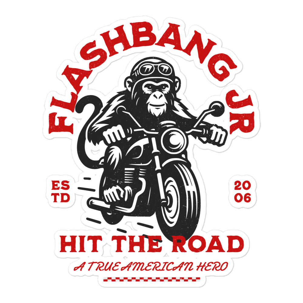 Sticker with a monkey on a motorcycle and 'Flashbang Jr' branding.