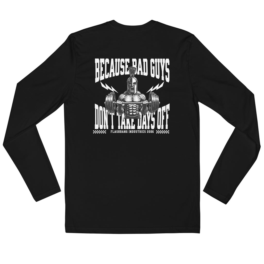Black long-sleeve shirt with white graphic and text on a white background