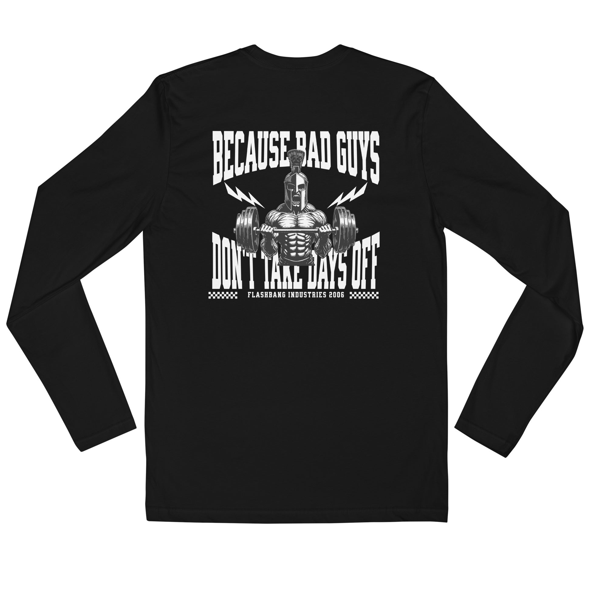 Black long-sleeve shirt with white graphic and text on a white background