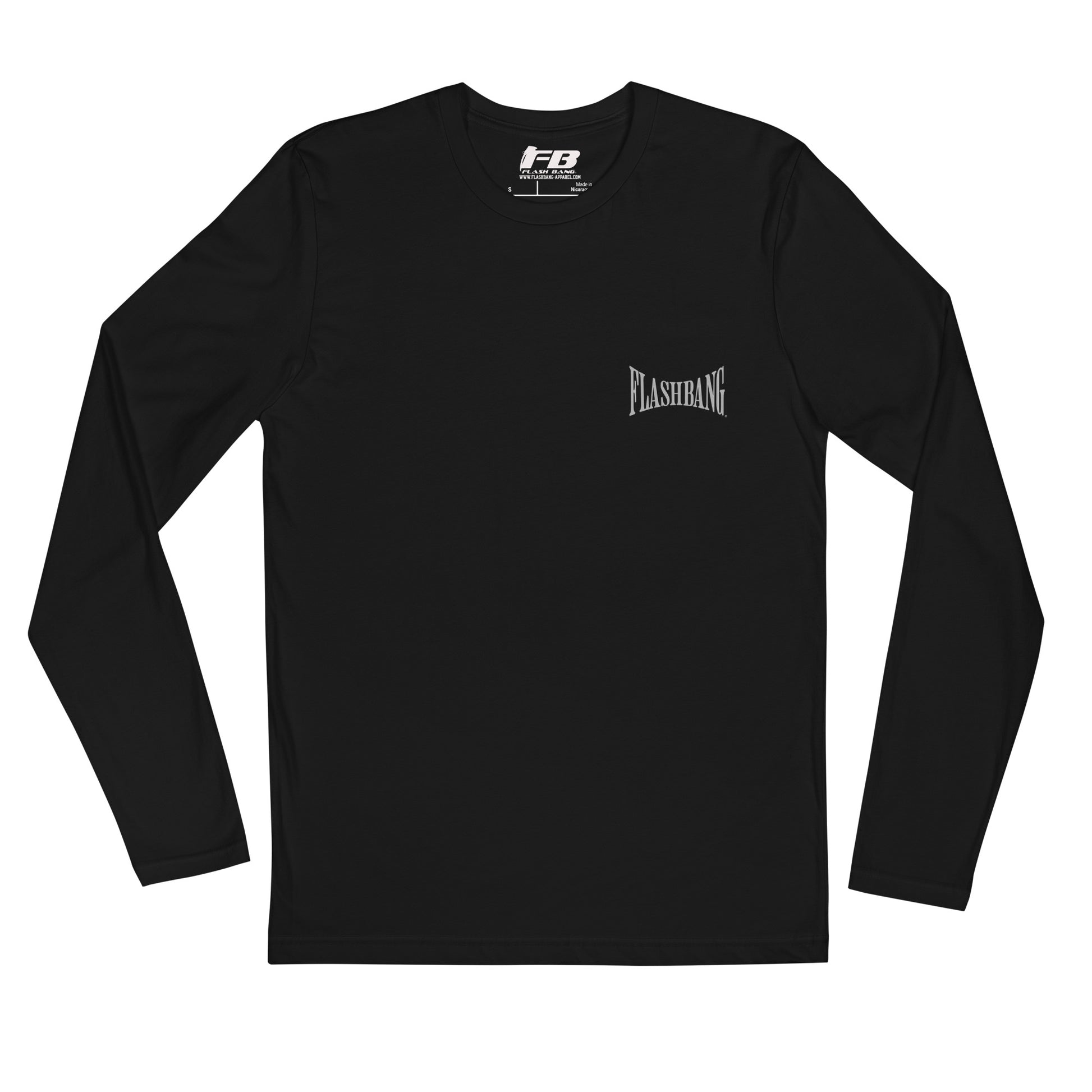 Black long-sleeve shirt with 'Flashbang' logo on a white background
