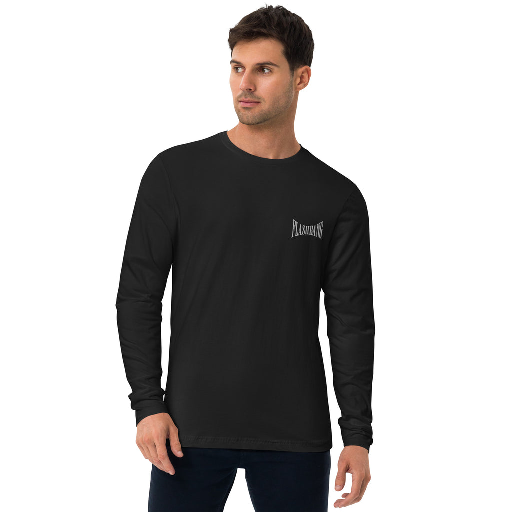 Man wearing a black long-sleeve shirt with a logo on a white background