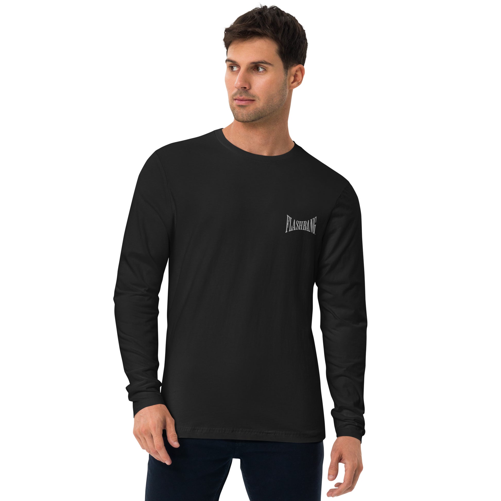 Man wearing a black long-sleeve shirt with a logo on a white background