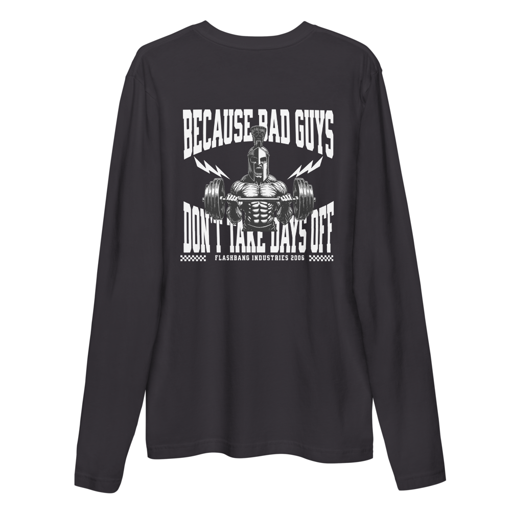 Black long-sleeve shirt with graphic design and text on a white background