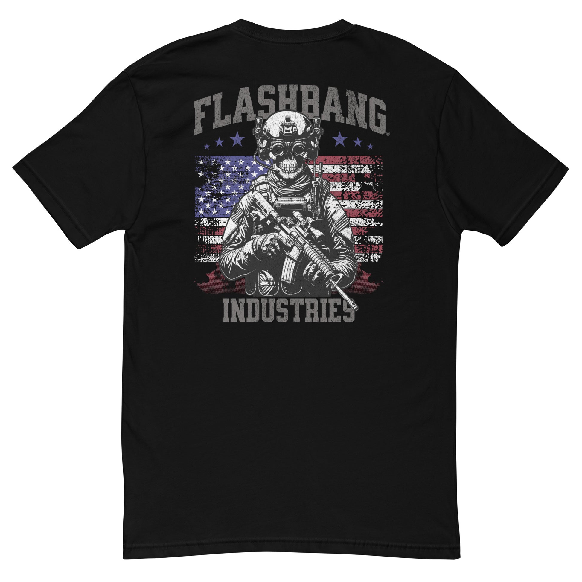 US Army T-shirt with USA flag and skull design. Operator T-shirt for men - Back View -Black