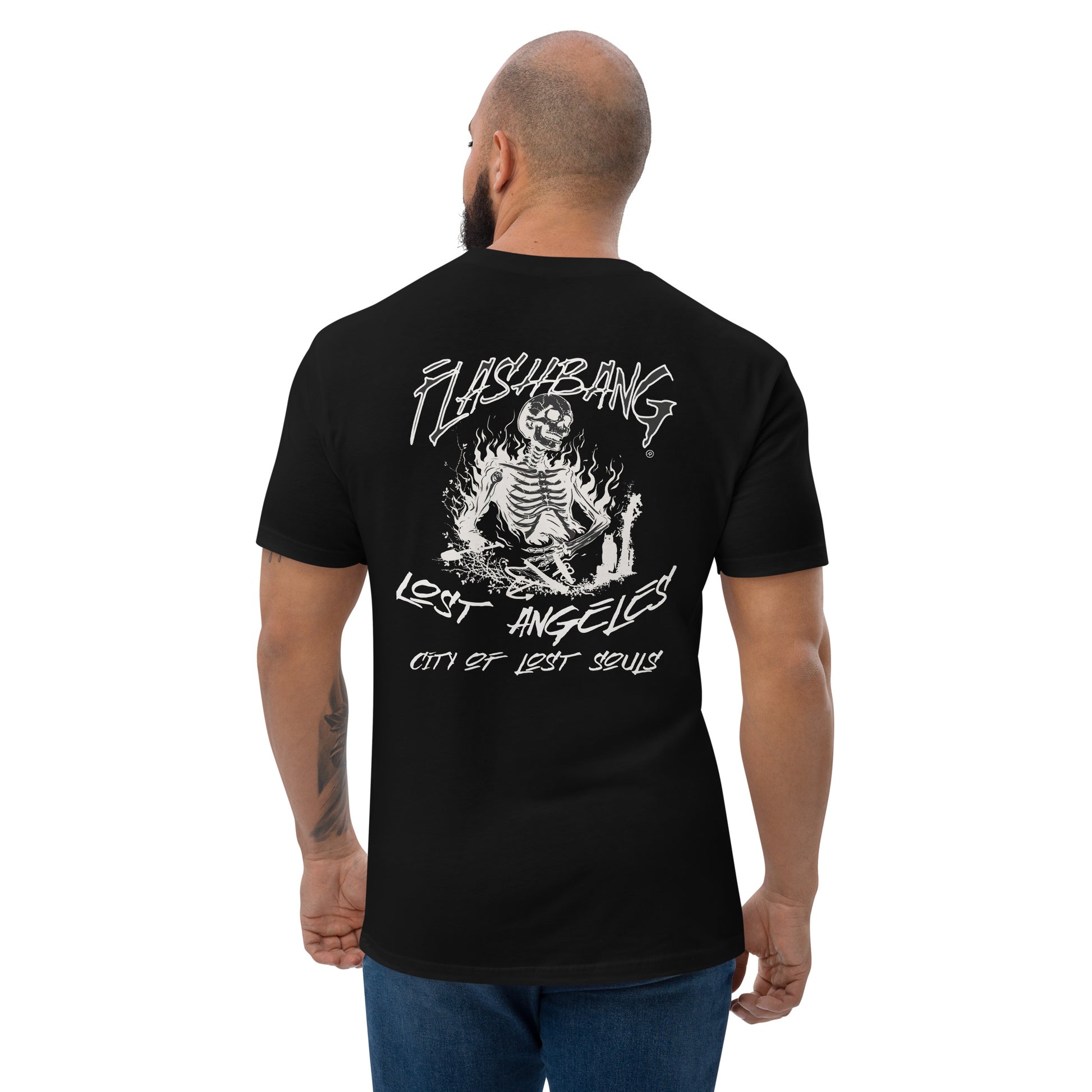 LA Lost Souls T-shirt with skeleton design, embodying streetwear LA style and honoring veterans - Back View - Black - Model Guy
