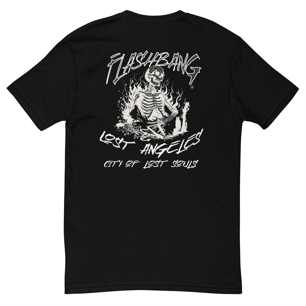 LA Lost Souls T-shirt with skeleton design, embodying streetwear LA style and honoring veterans - Back View - Black