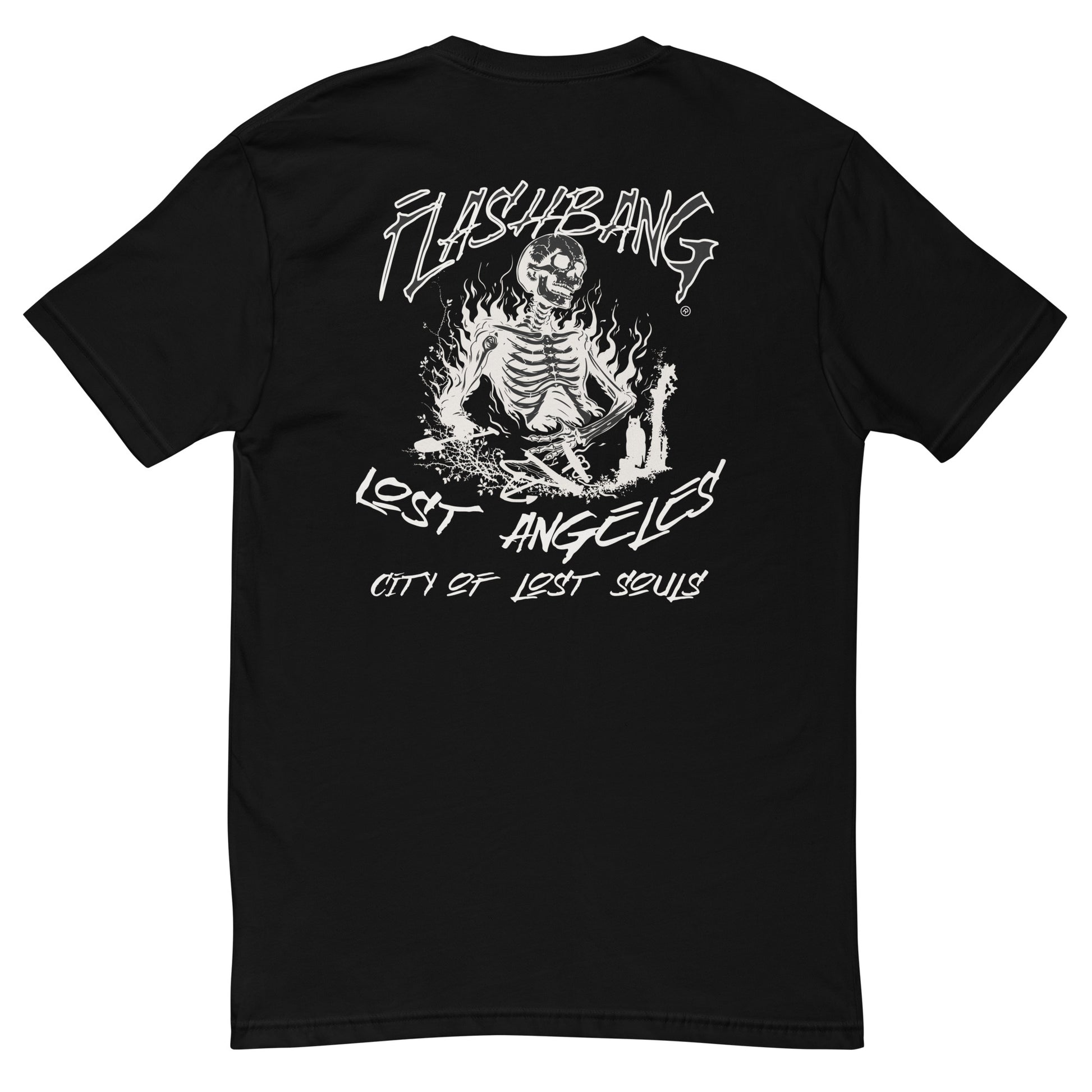 LA Lost Souls T-shirt with skeleton design, embodying streetwear LA style and honoring veterans - Back View - Black