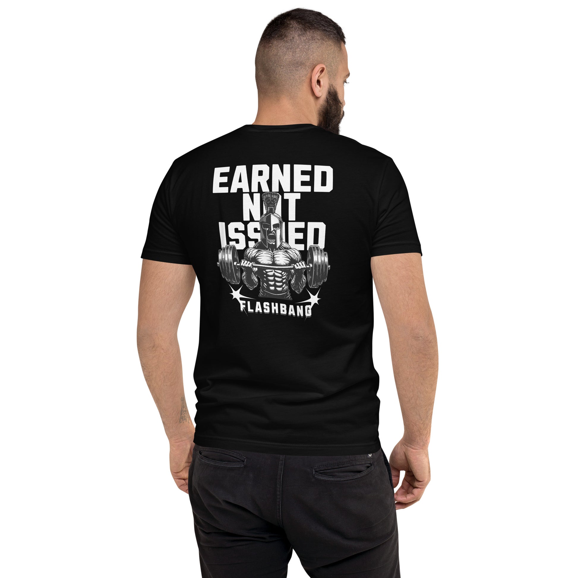 Earned Not Issued T-shirt with Spartan graphic, ideal for men who love powerlifting, weightlifting, and fitness motivation quotes - Back View - Black - Model Guy