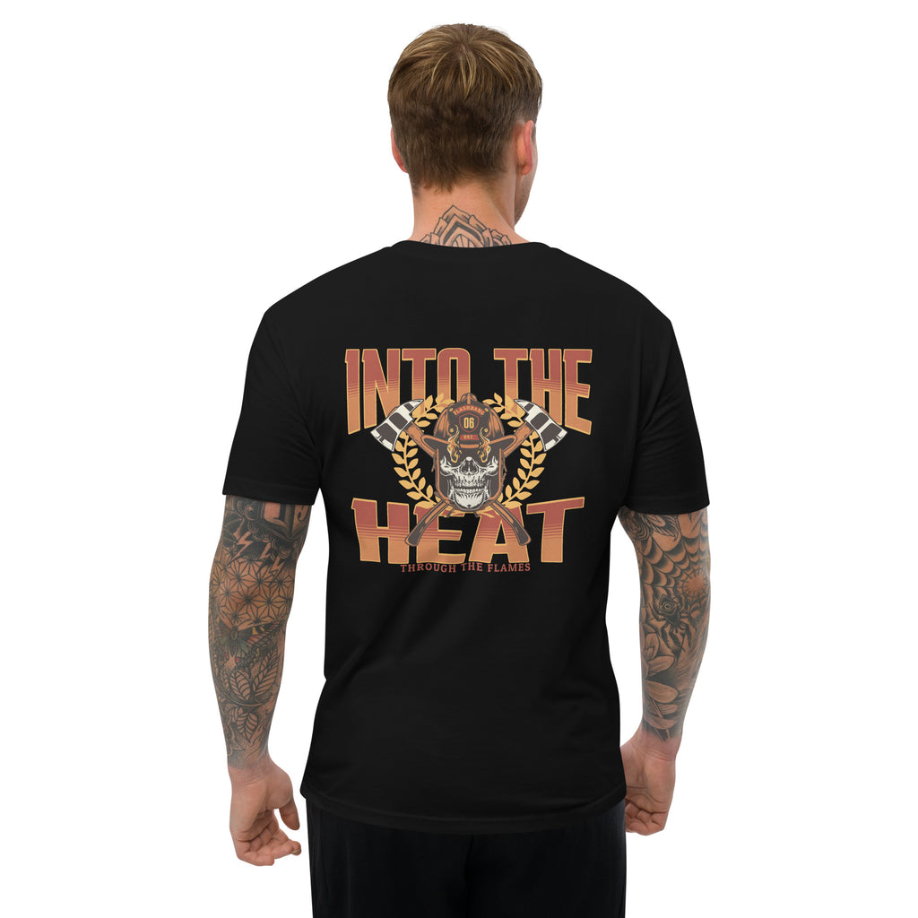 Into The Heat T-shirt with firefighter skull graphic, perfect for brave men who love firefighter apparel - Back View - Black - Model Guy