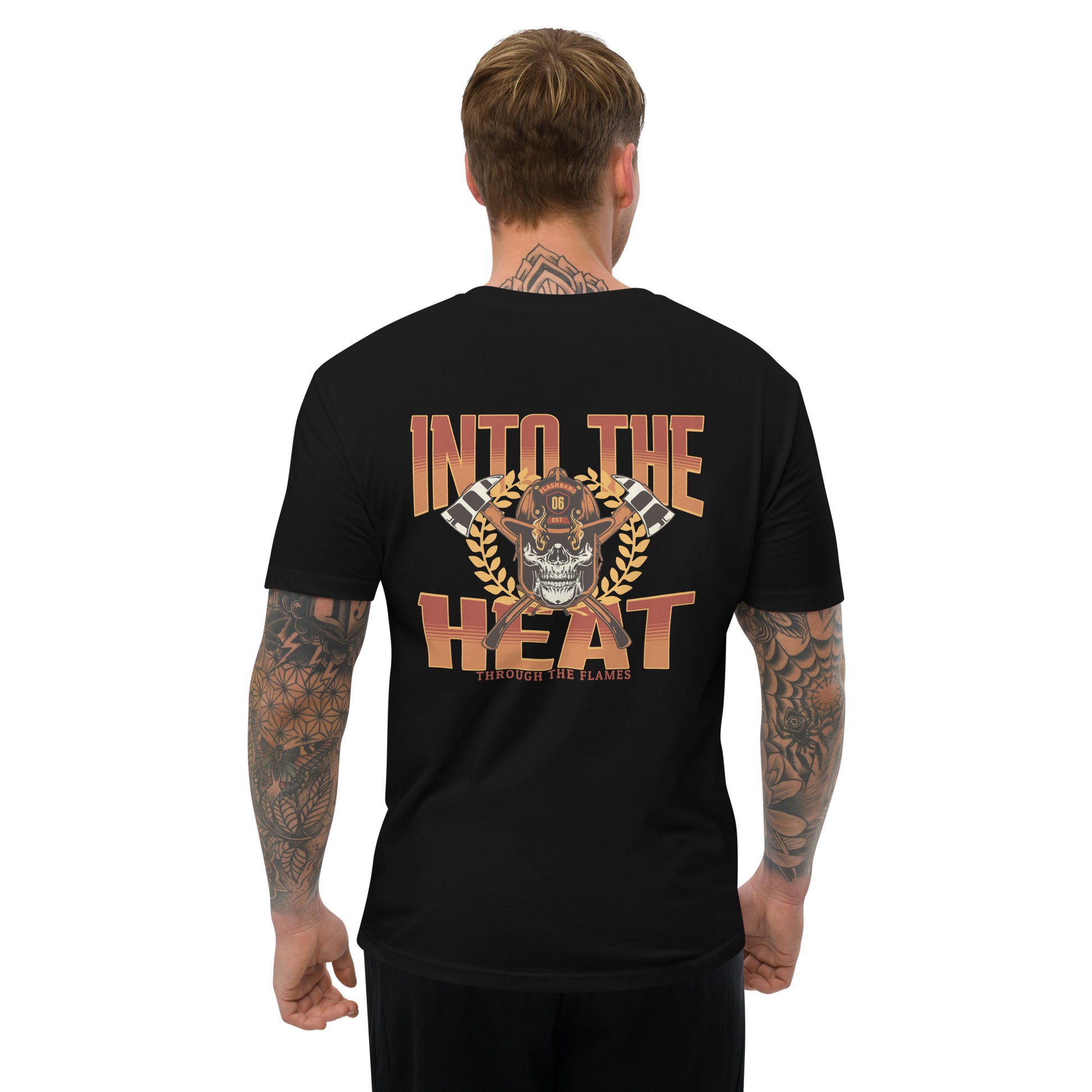 Into The Heat T-shirt with firefighter skull graphic, perfect for brave men who love firefighter apparel - Back View - Black - Model Guy