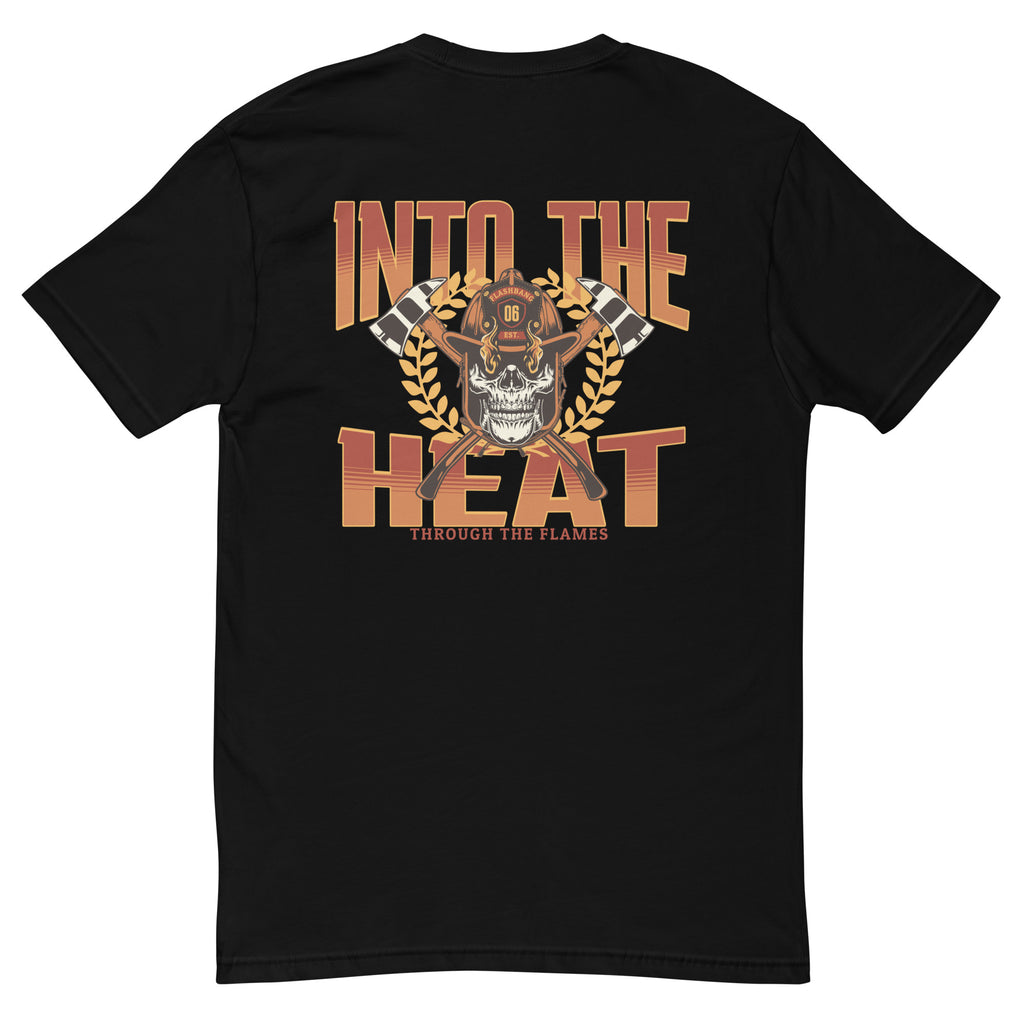 Into The Heat T-shirt with firefighter skull graphic, perfect for brave men who love firefighter apparel - Back View - Black