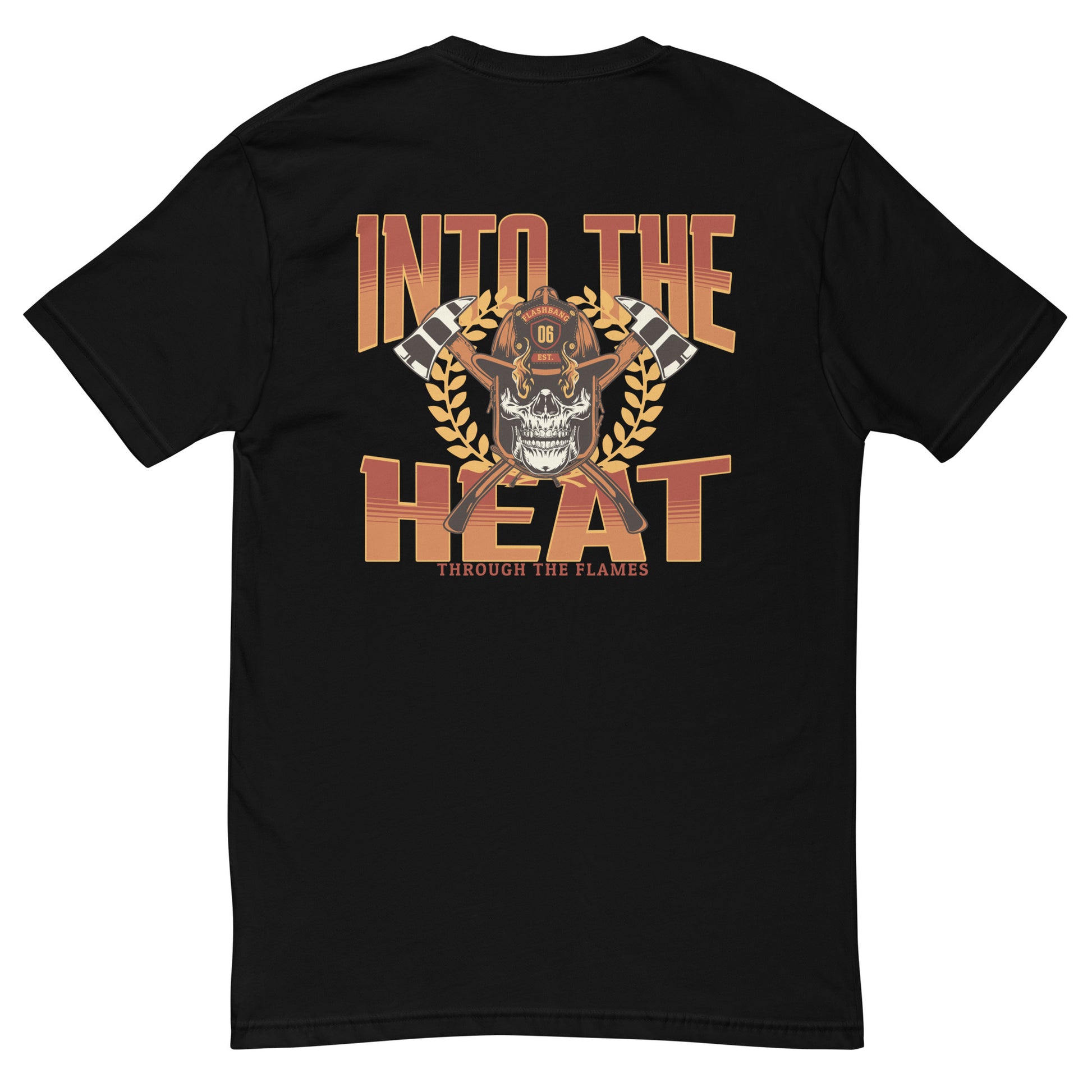 Into The Heat T-shirt with firefighter skull graphic, perfect for brave men who love firefighter apparel - Back View - Black