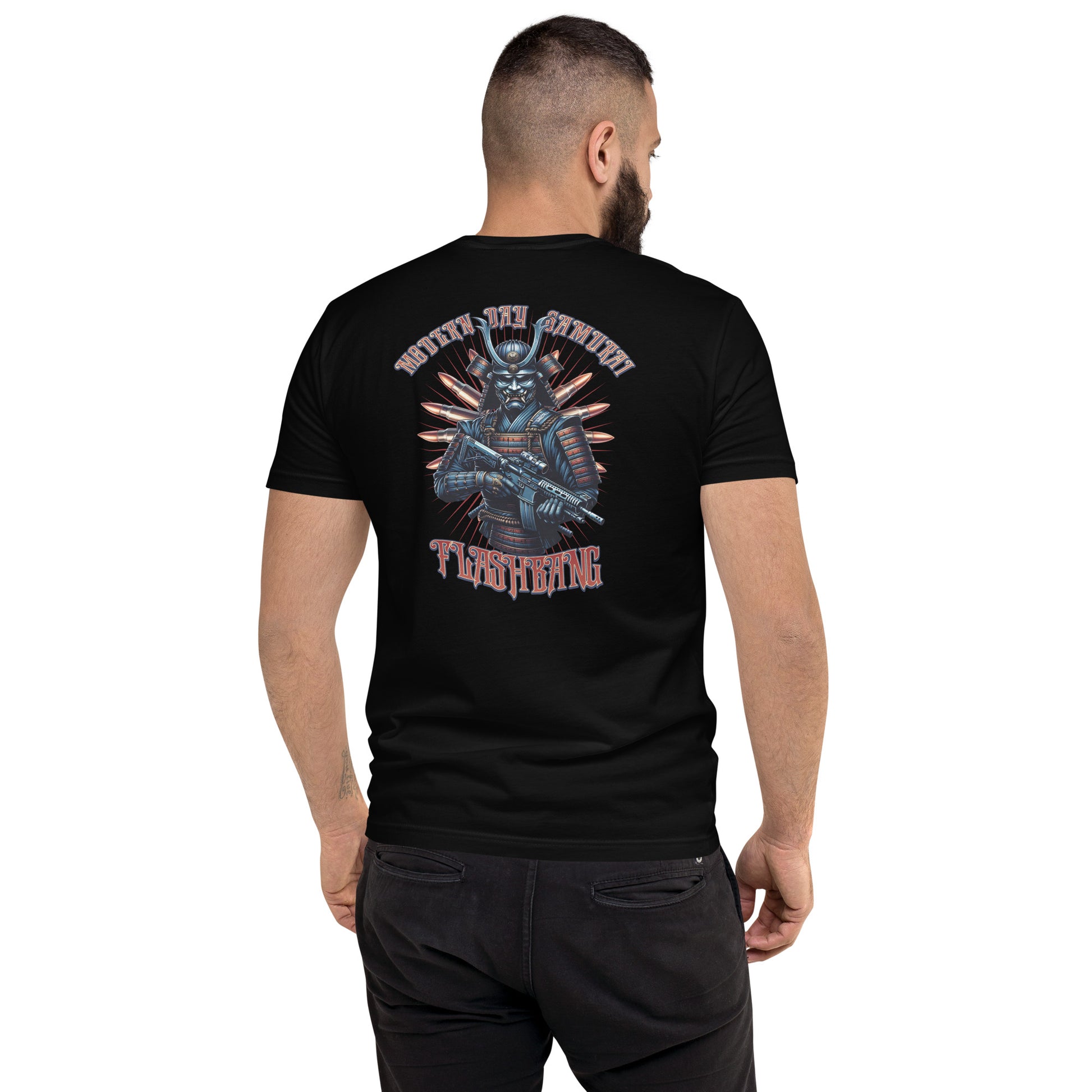 Modern Day Samurai T-shirt featuring a bold samurai graphic, designed for men who admire samurai culture and warrior strength - Back View - Black- Model Guy