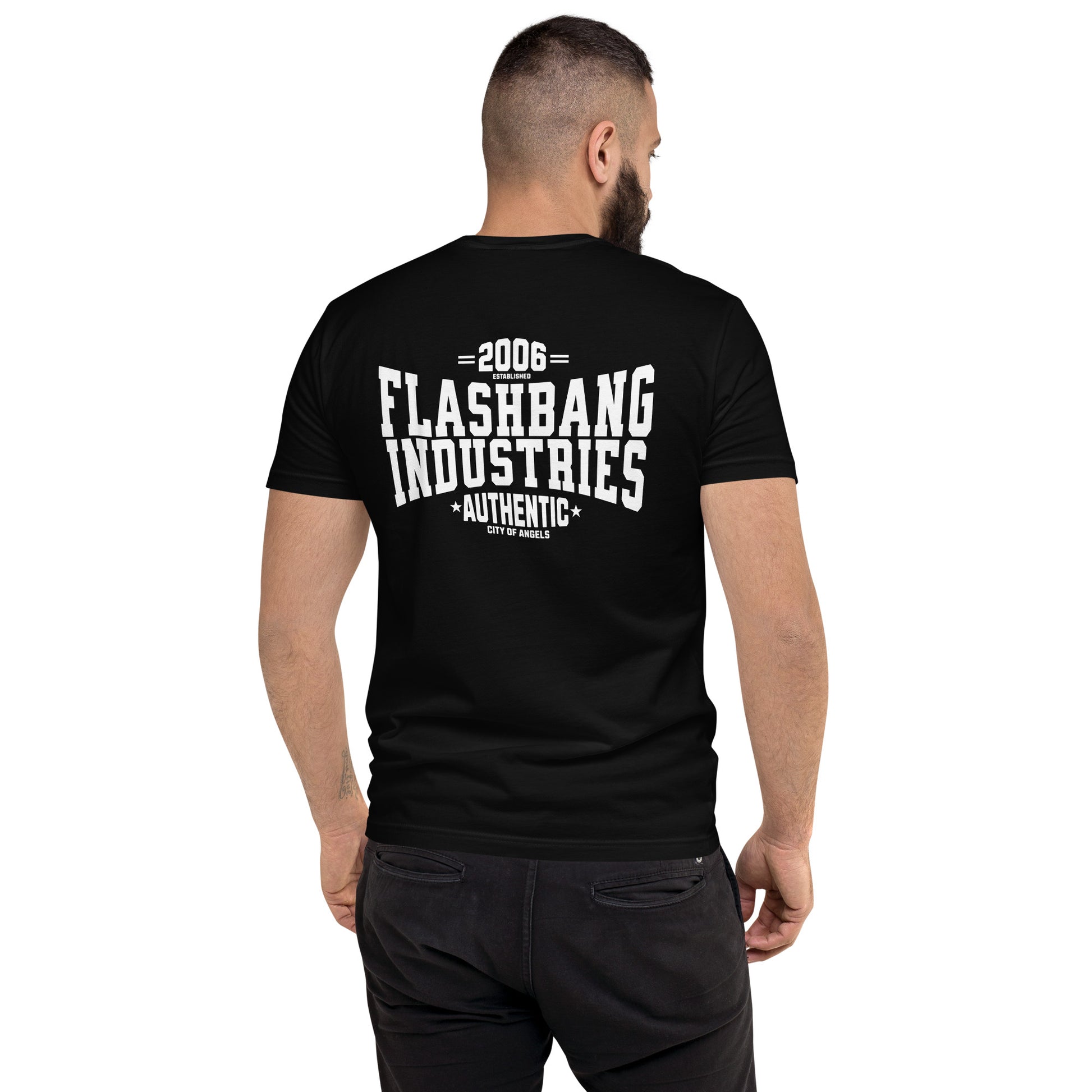 Authentic White T-shirt with bold letter print, designed for comfort and durability, perfect for those who love authentic graphic shirts - Back View - Black - Model Guy
