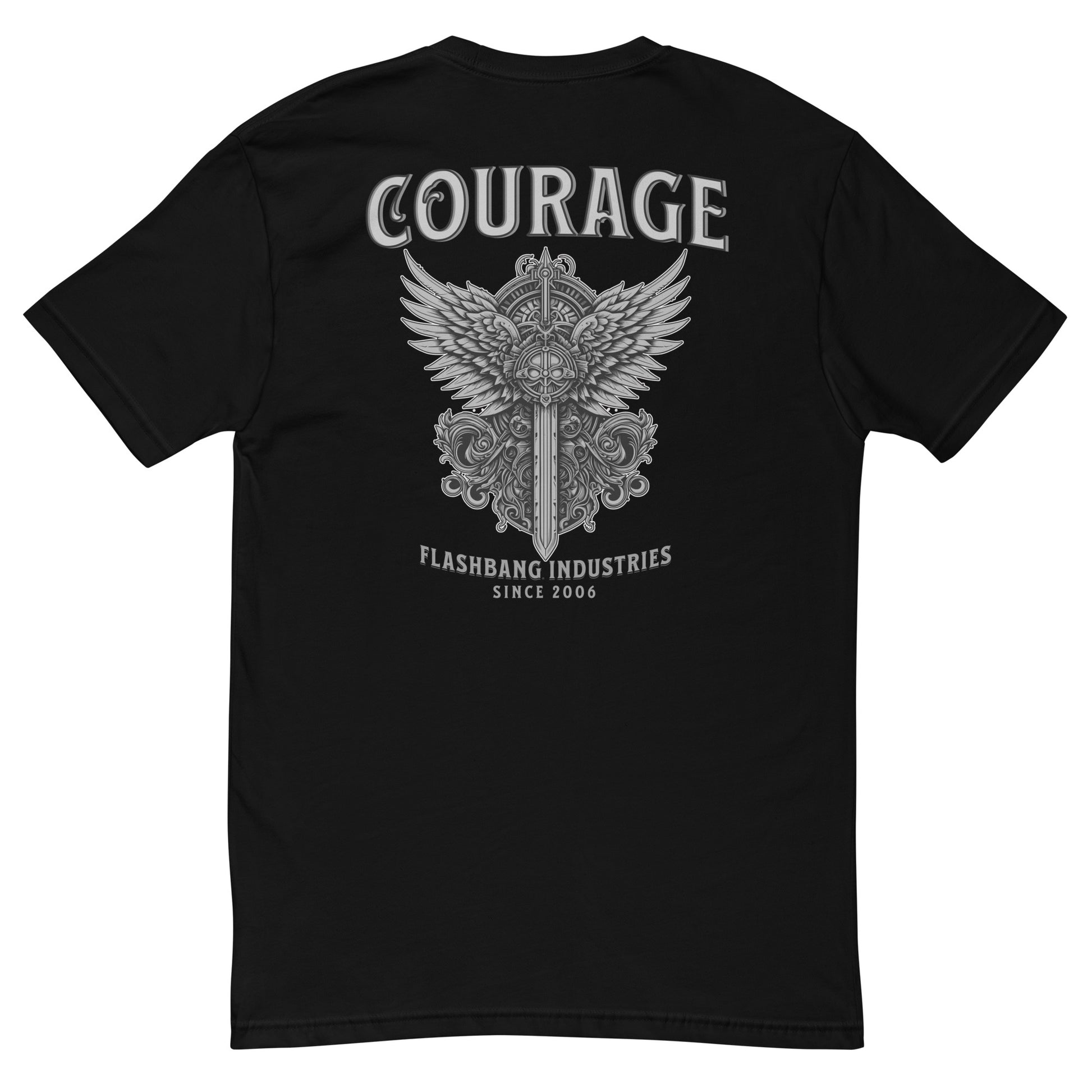 Courage warrior t-shirt with sword and wings graphic, honoring brave troops and soldiers with rugged style and bold military inspiration - Back View - Black