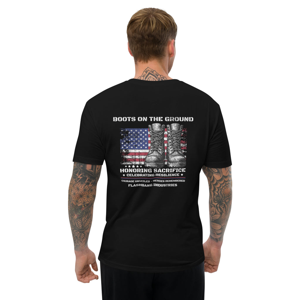 Boots On The Ground T-shirt for men – Inspired by patriot military style and pairs great with USA flag cowboy boots - Back View - Black - Model Guy