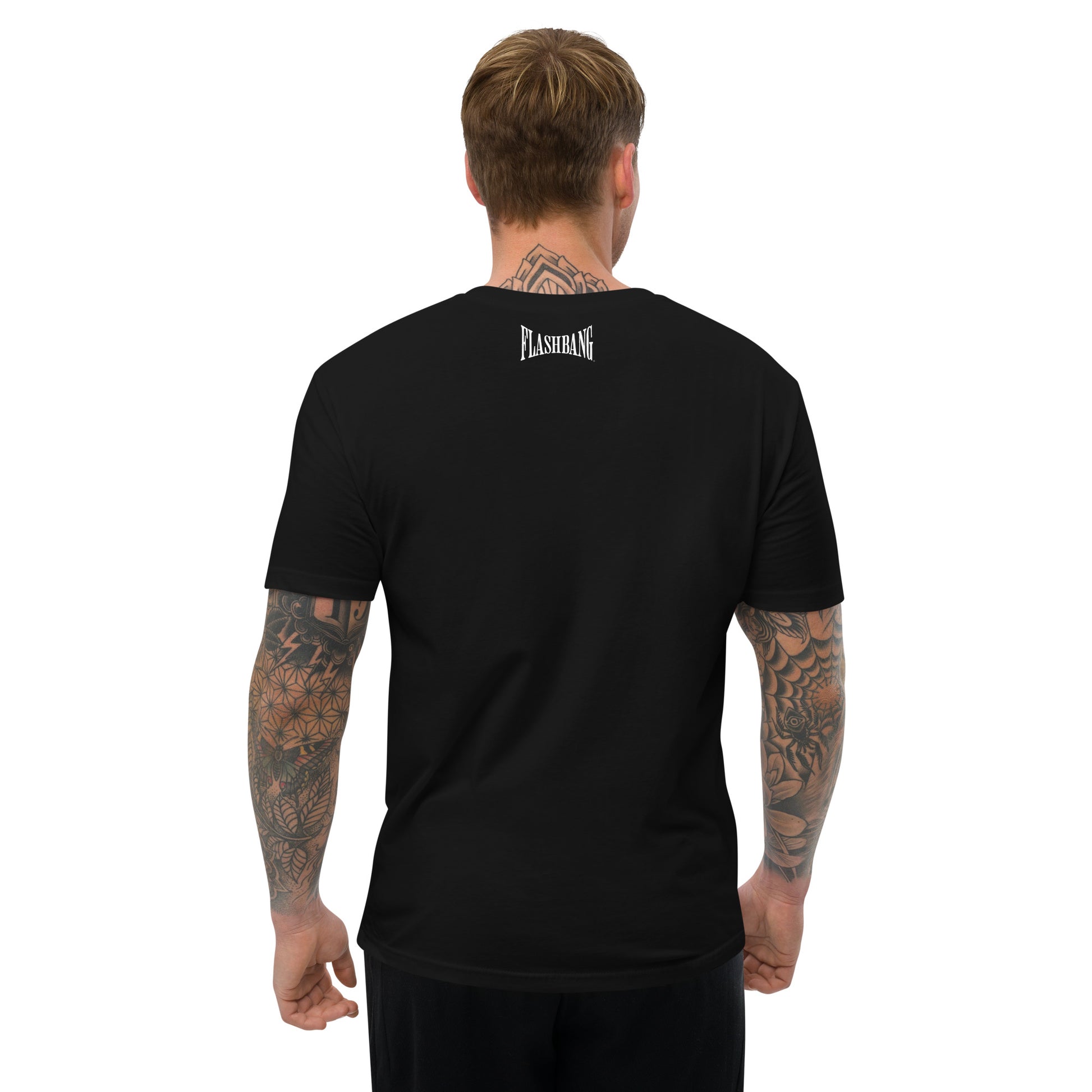 Flashbang Warp Logo T-shirt - Military Tribute Shirt for Veterans - Back View - Black- Model Guy