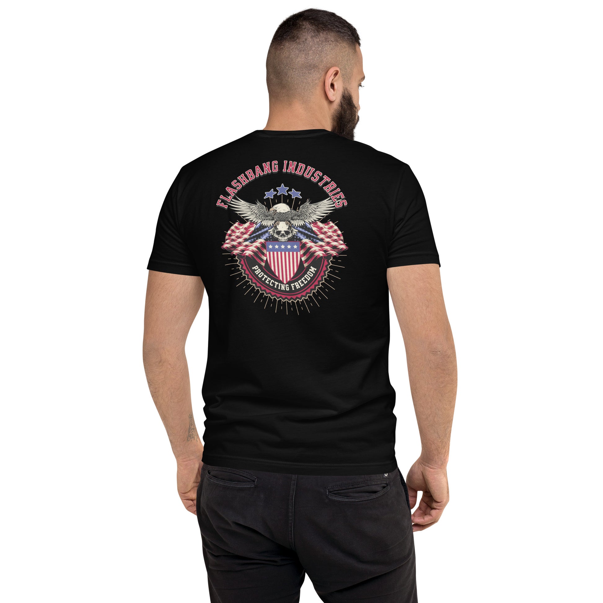 Freedom T-shirt – USA Flag Design for Men – Patriotic Shirt for Veterans - Back View - Black - Model Guy