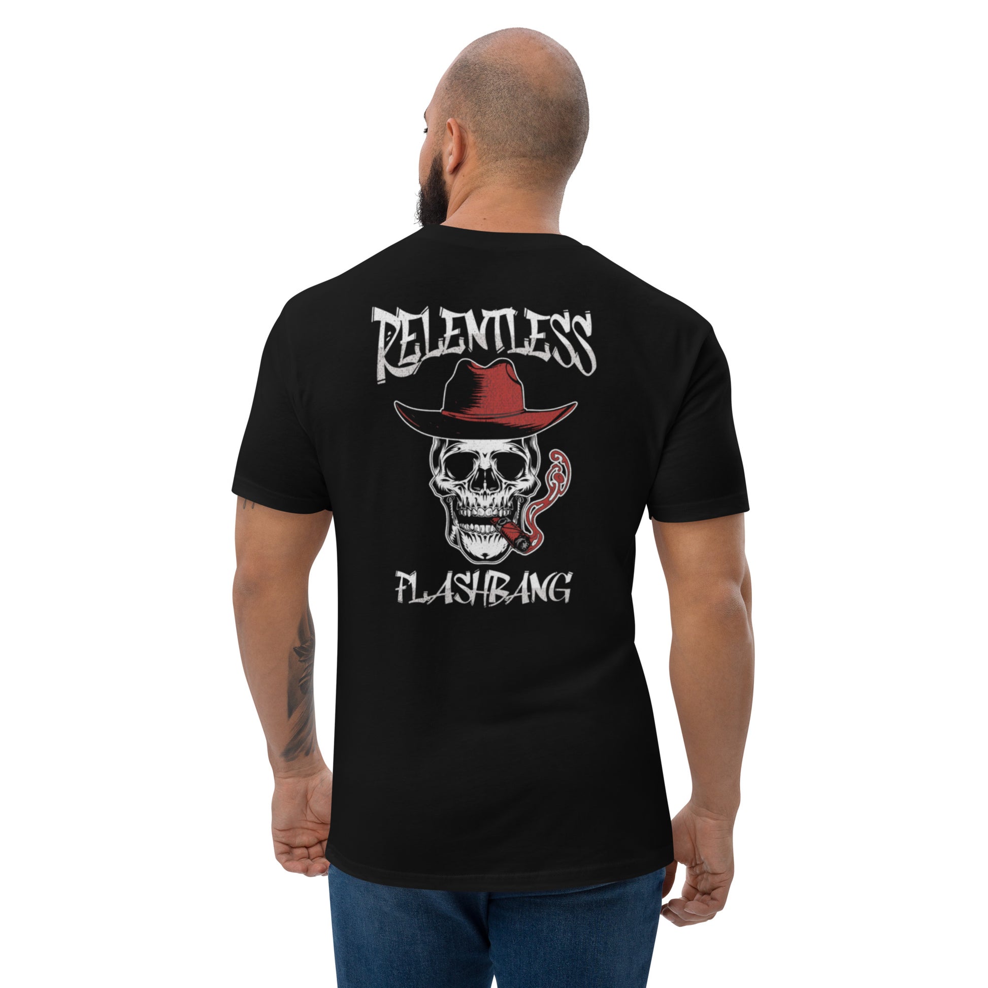 Relentless T-shirt – Skull Design with Cowboy Hat – Back View - Black - Model guy