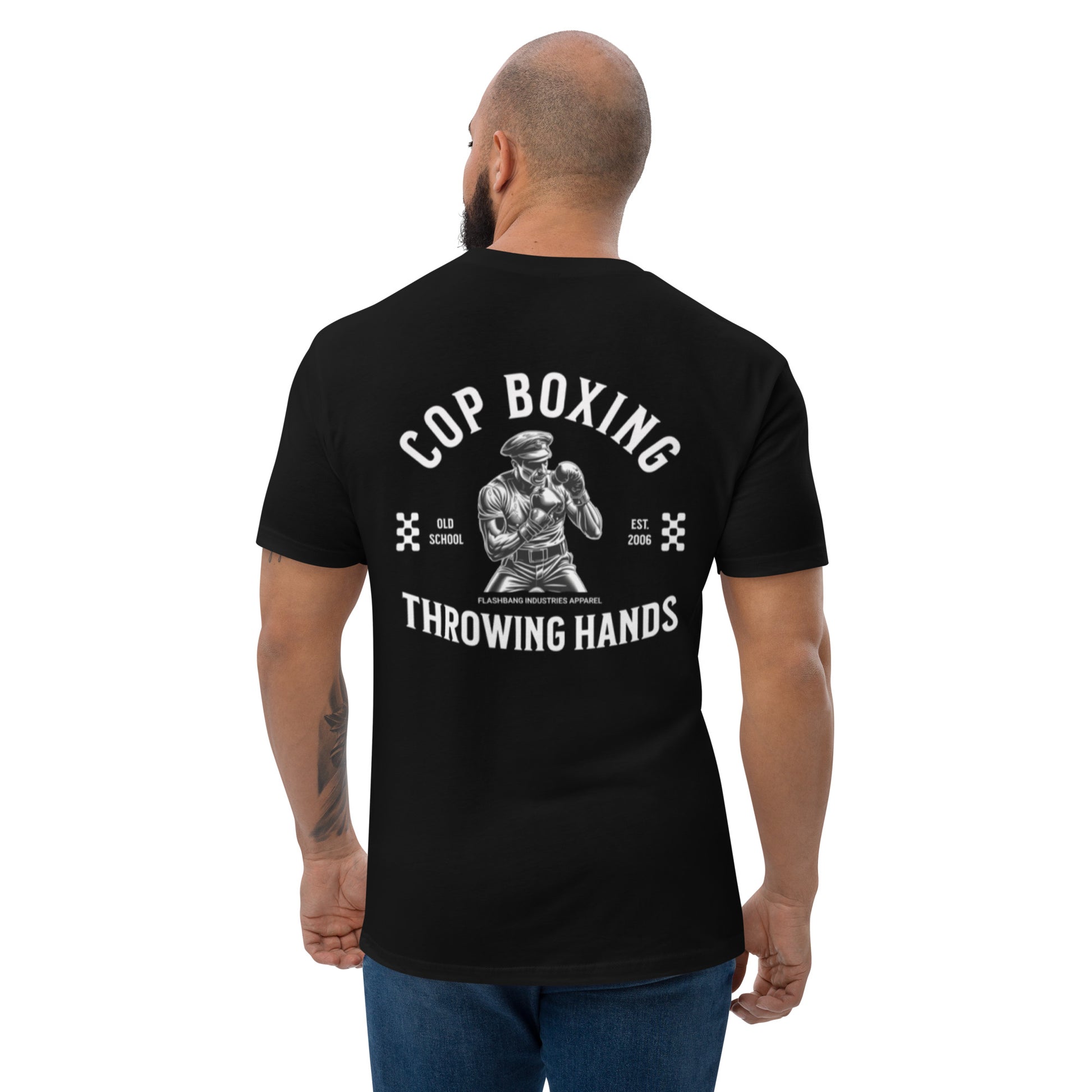 Cop Boxing T-shirt with police graphic design, perfect for men who want a bold and durable cop tee with boxing theme - Back View - Black - Model Guy
