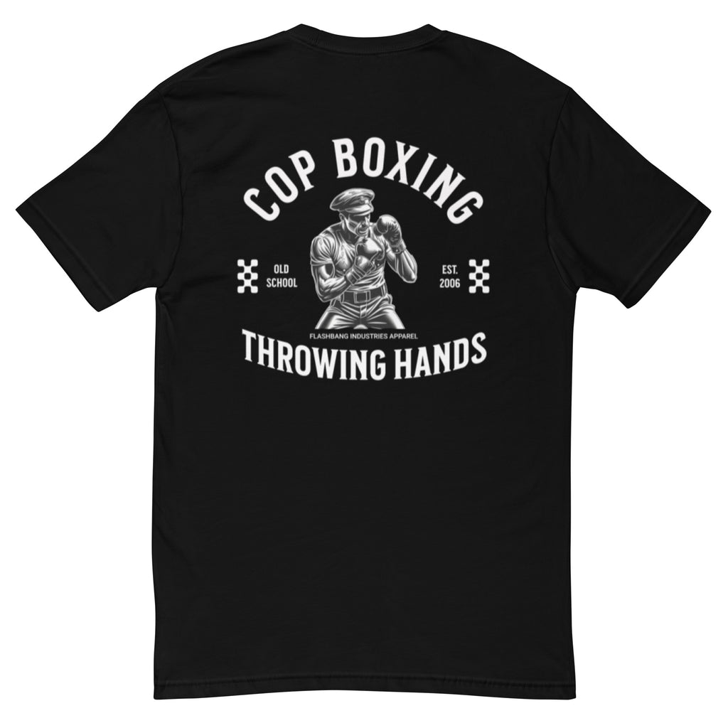 Cop Boxing T-shirt with police graphic design, perfect for men who want a bold and durable cop tee with boxing theme - Back View - Black