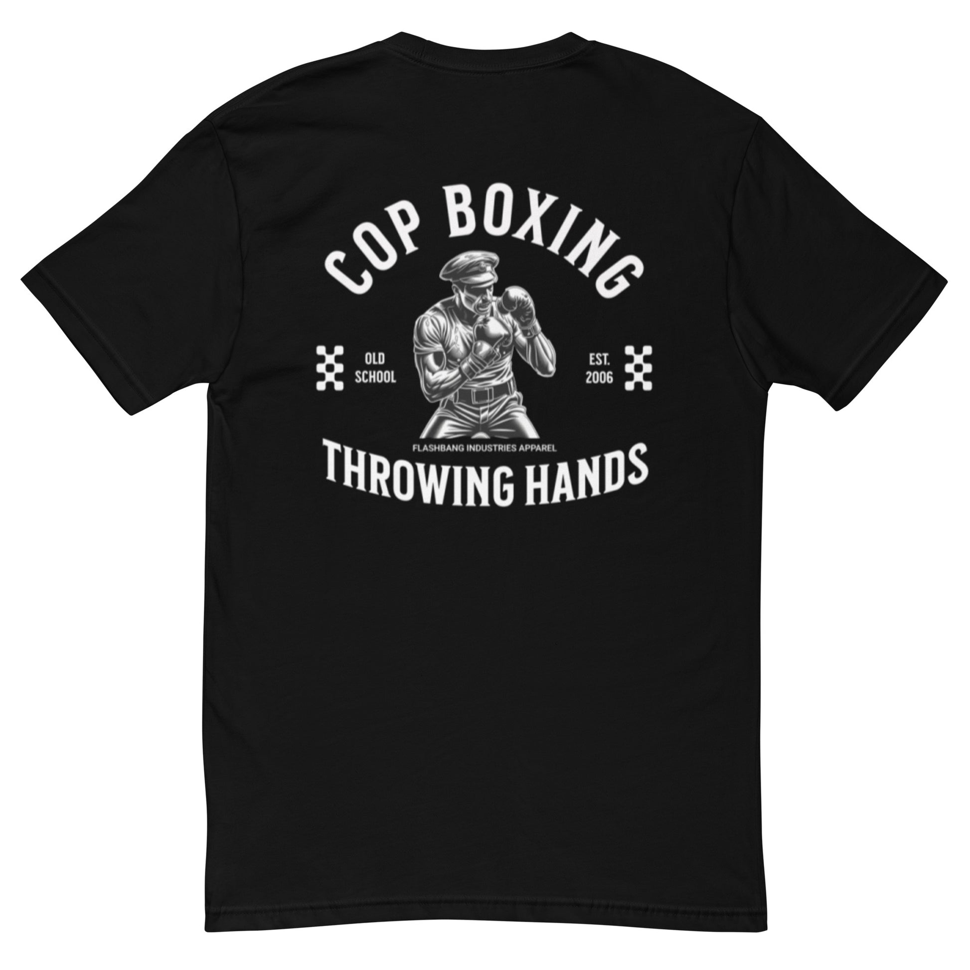 Cop Boxing T-shirt with police graphic design, perfect for men who want a bold and durable cop tee with boxing theme - Back View - Black