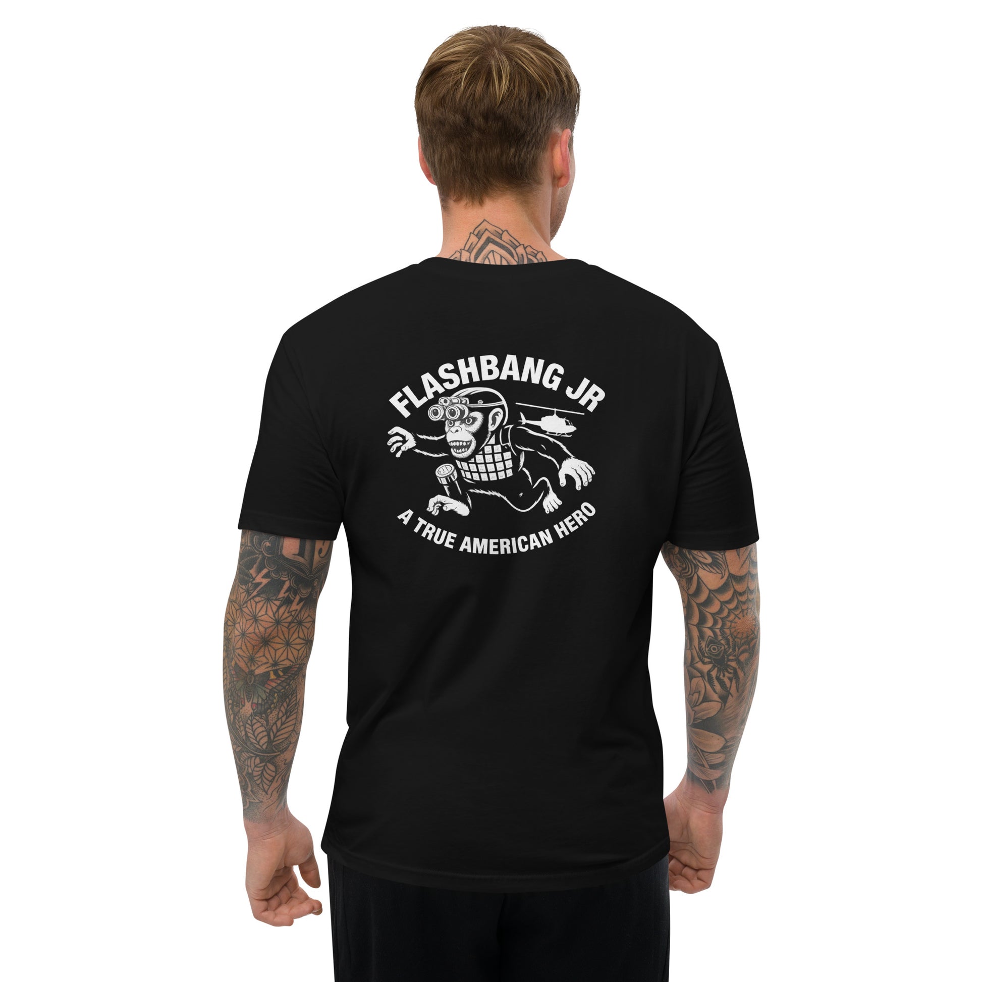 A True American Hero T-shirt featuring a military monkey graphic, honoring American heroism with a bold, fun design - Back View - Black - Model Guy