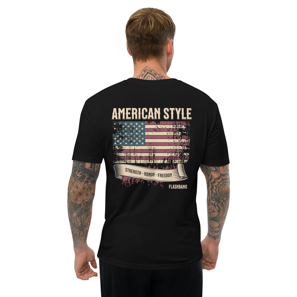 American Style T-shirt featuring USA flag and Strength Honor Freedom message, designed for veterans and patriots - Back View - Black - Model Guy