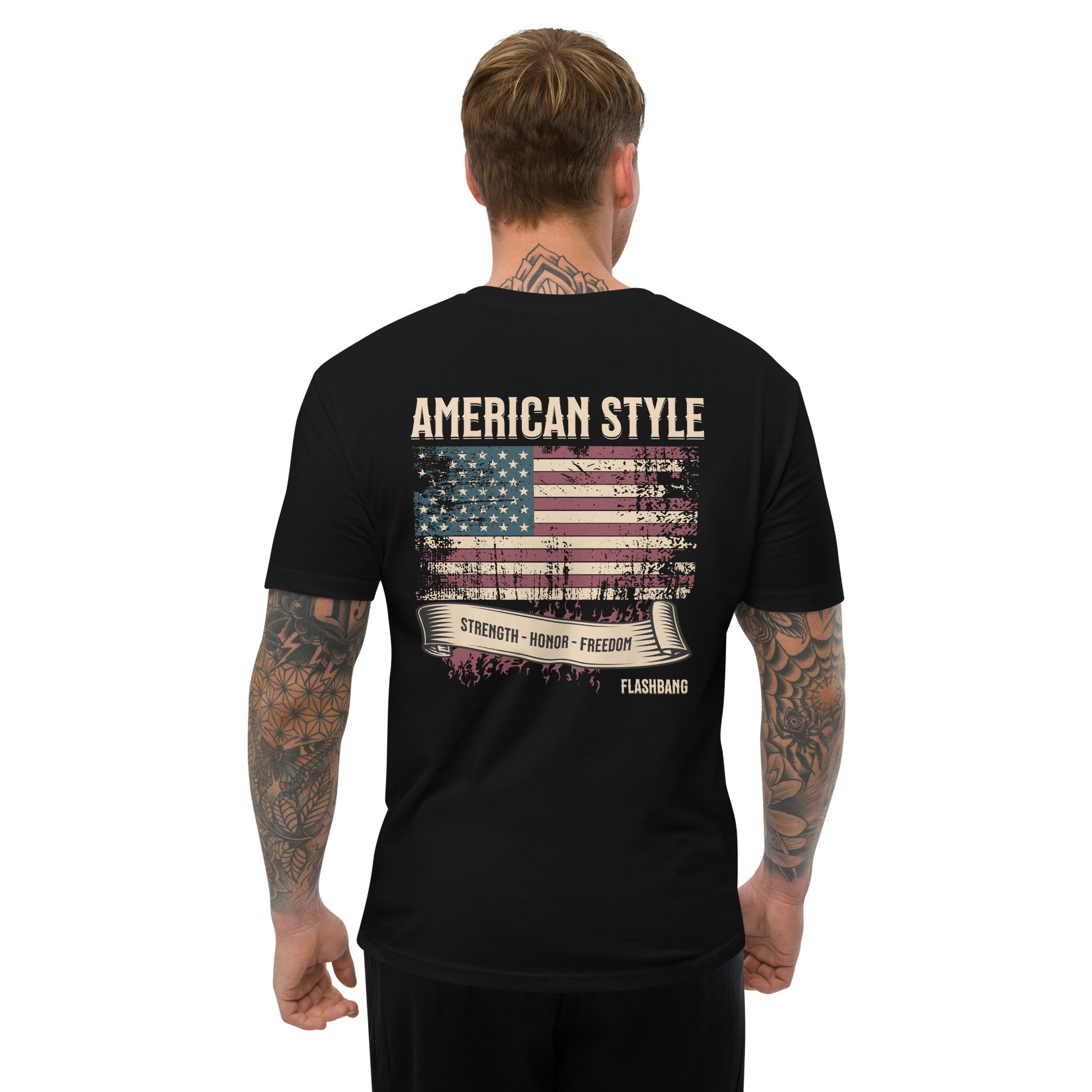 American Style T-shirt featuring USA flag and Strength Honor Freedom message, designed for veterans and patriots - Back View - Black - Model Guy