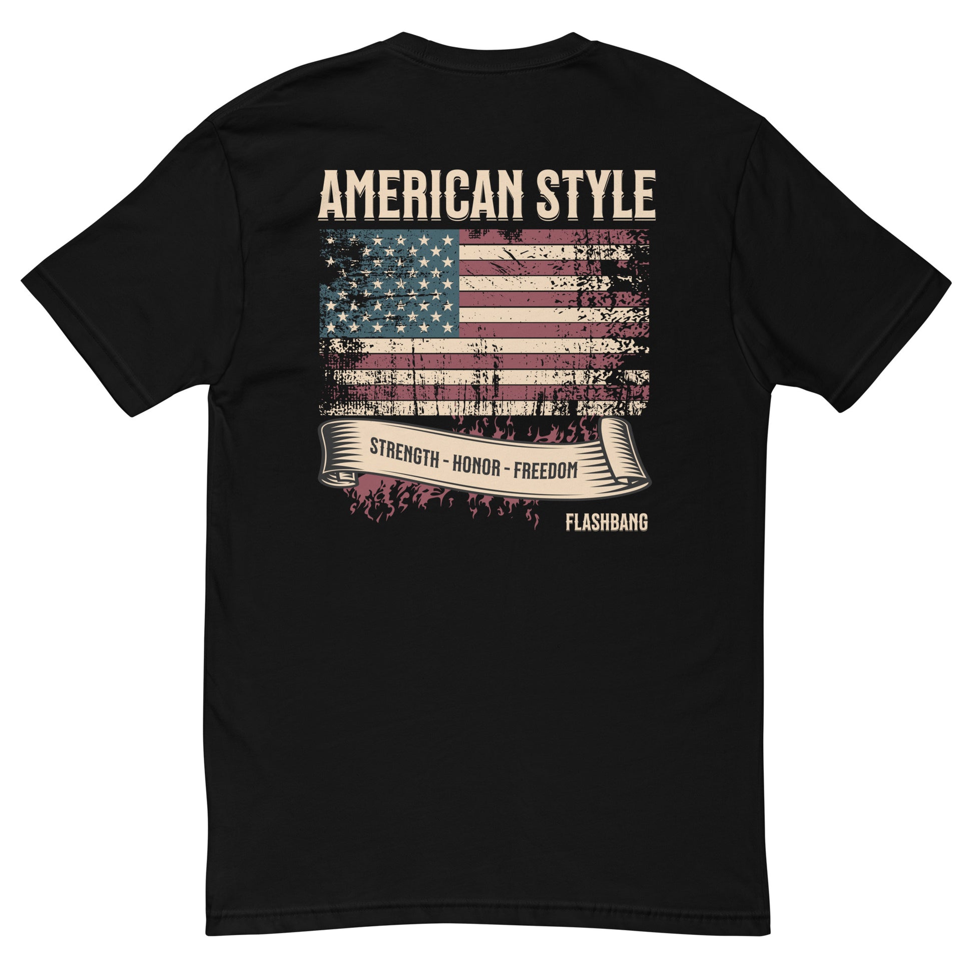 American Style T-shirt featuring USA flag and Strength Honor Freedom message, designed for veterans and patriots - Back View - Black