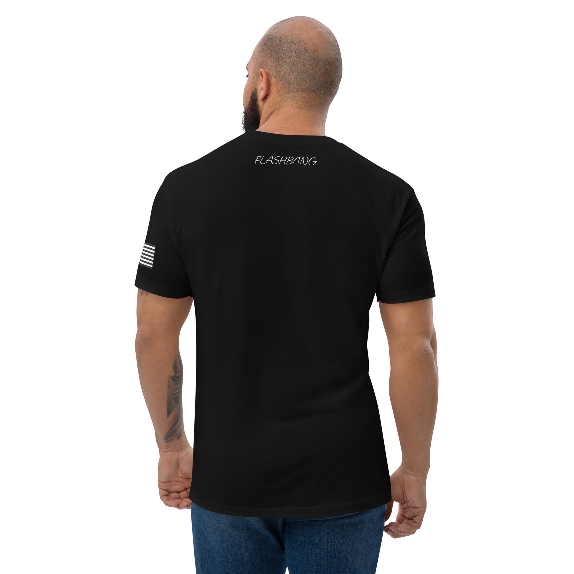 Stay Humble T-shirt with graphic design for men, featuring bold lettering - Back View - Black with Flashbang Text