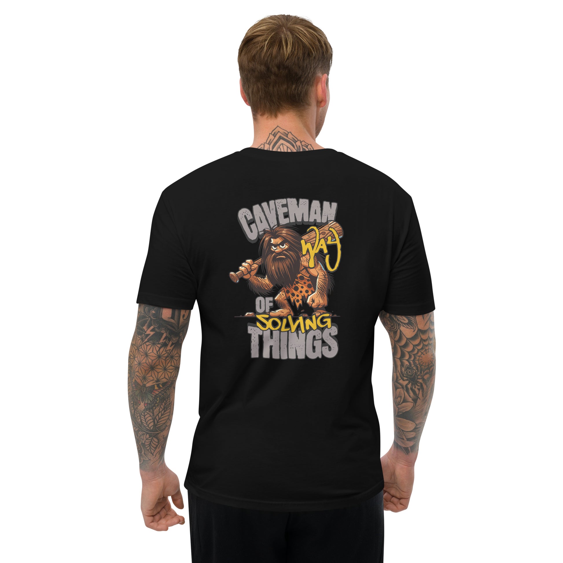 Caveman T-shirt, cave man way of solving things text - Back View - Black - Model Guy