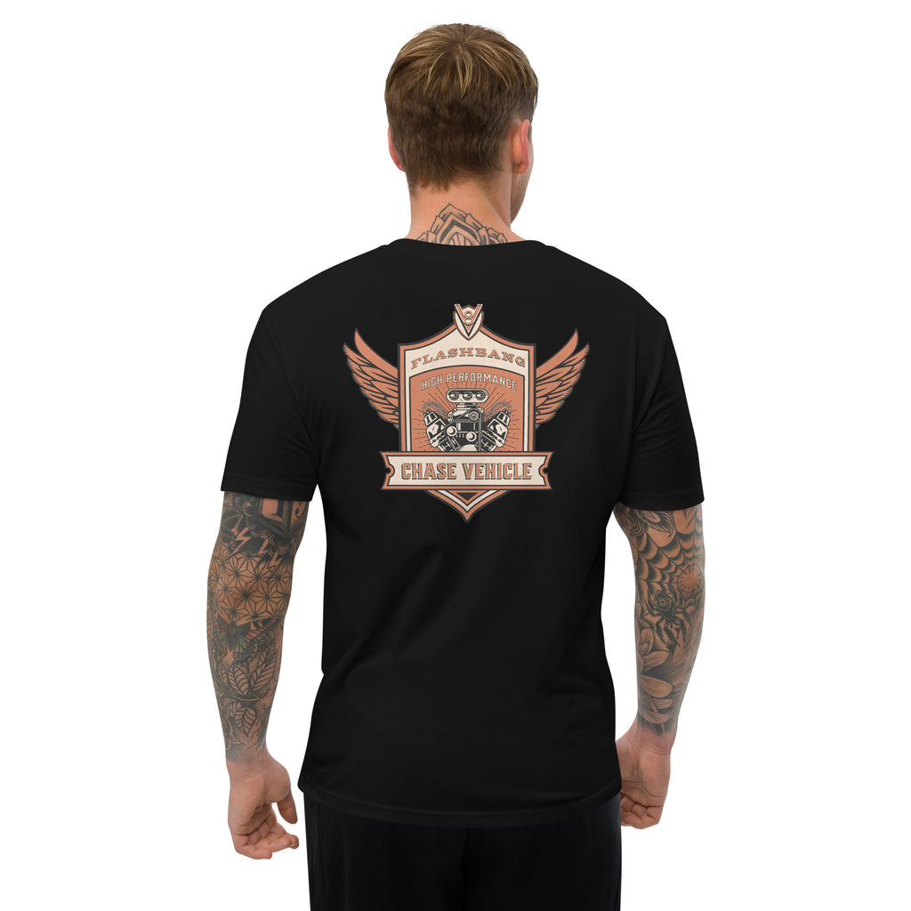 Chase Vehicle T-shirt, police graphic tee designed for men with pride and purpose - Back View - Black - Model Guy