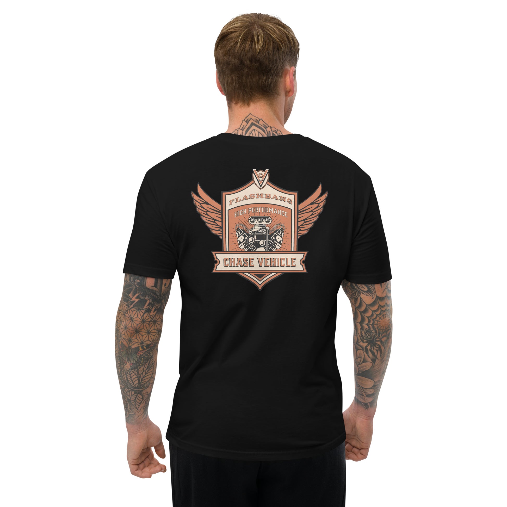 Chase Vehicle T-shirt, police graphic tee designed for men with pride and purpose - Back View - Black - Model Guy