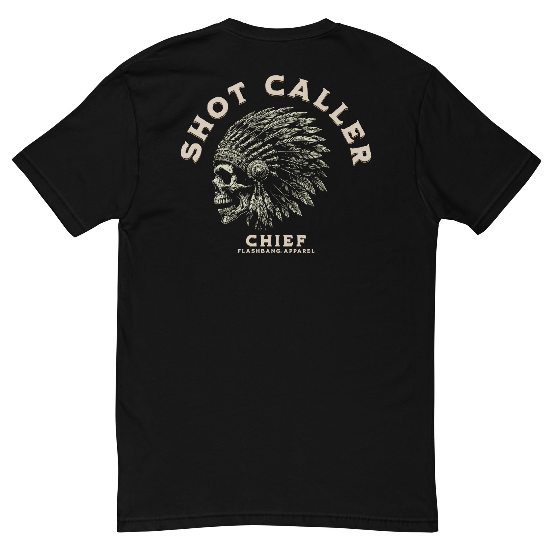 Shot Caller T-shirt featuring a skull design, honoring police and military veterans with durability and comfort.- Back View - Black