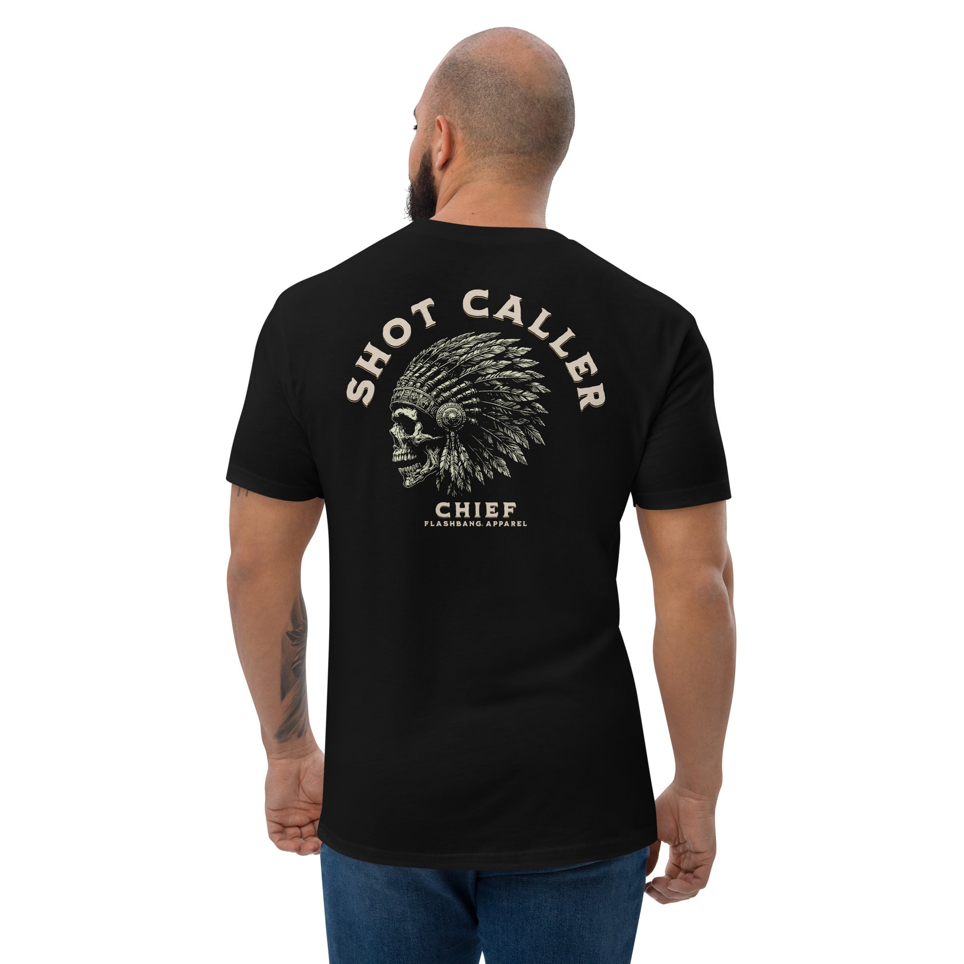 Shot Caller T-shirt featuring a skull design, honoring police and military veterans with durability and comfort.- Back View - Black - Model Guy