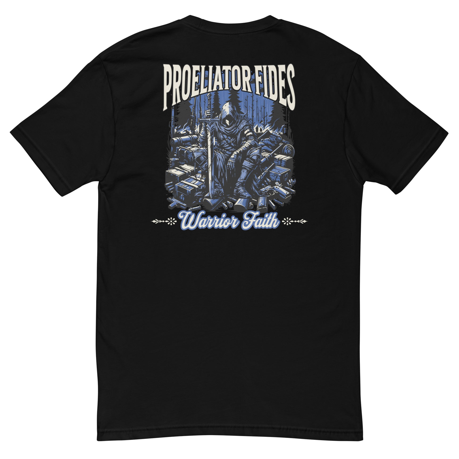 Warrior Faith T-shirt featuring a fighter graphic, symbolizing strength, resilience, and honor, perfect for veterans and those who serve - Back View - Black