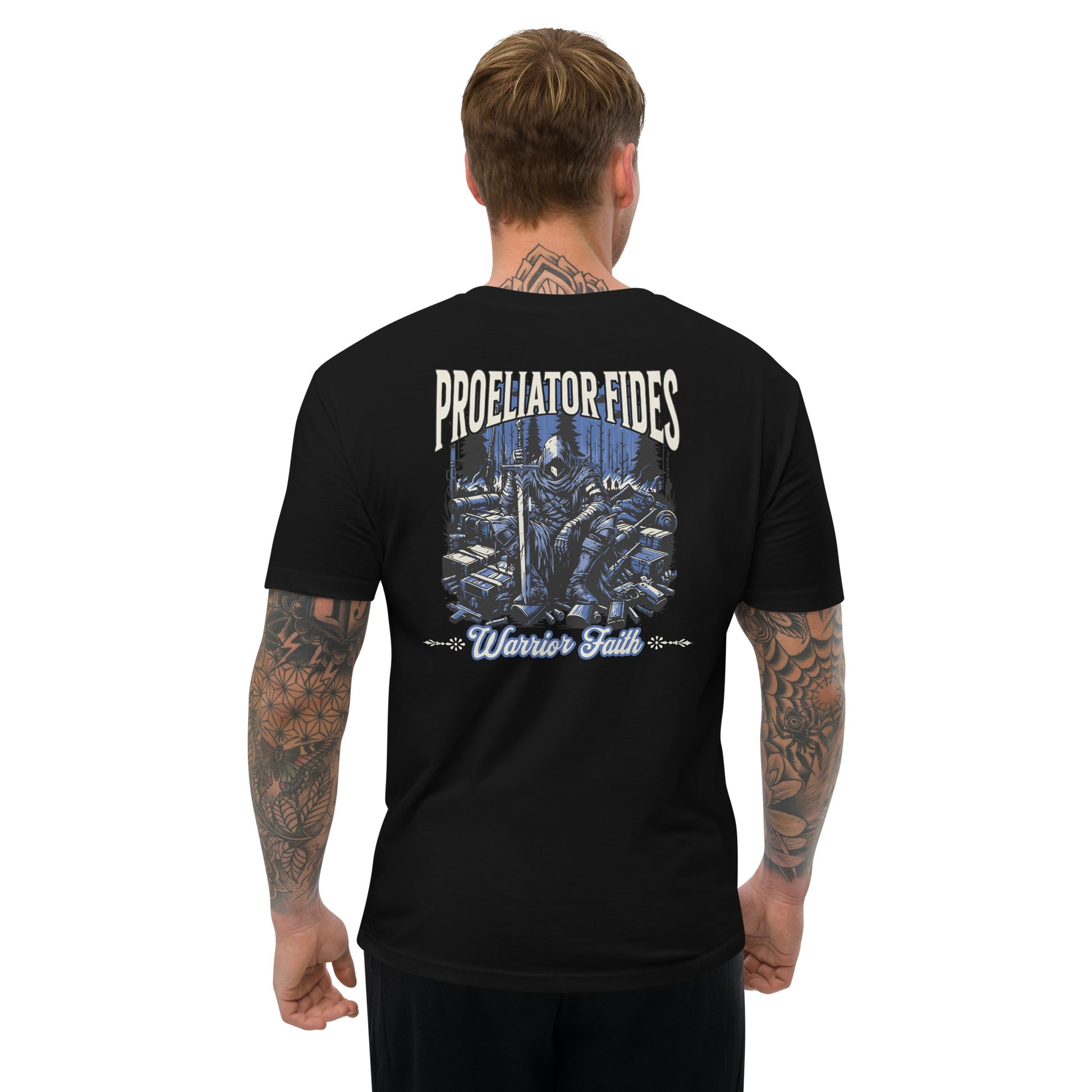Warrior Faith T-shirt featuring a fighter graphic, symbolizing strength, resilience, and honor, perfect for veterans and those who serve - Back View - Black - Model Guy