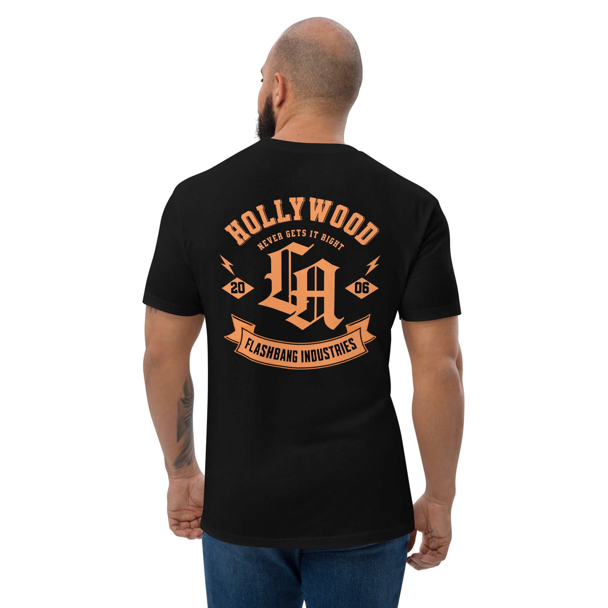 Hollywood Never Gets It Right T-shirt featuring a bold LA graphic and Hollywood vintage tees - Back View - Black - Model Guy