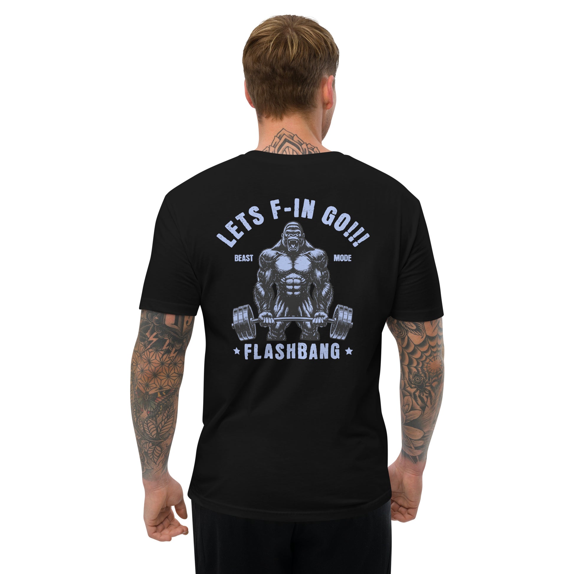 Beast Mode T-shirt with a gorilla graphic, designed as a fitness motivation shirt for gym-goers and muscle tee lovers - Back View - Black - Model Guy
