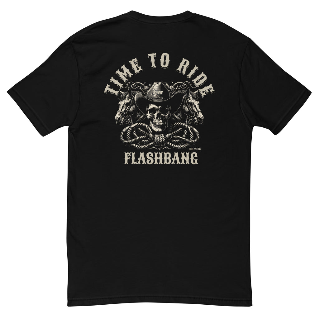Time to Ride T-shirt with cowboy skull and horse graphic, perfect for men who love Western-style shirts and rugged, durable apparel - Back View - Black