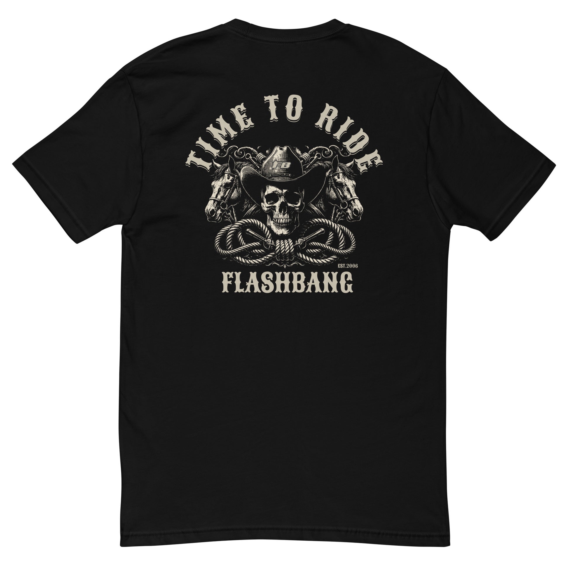 Time to Ride T-shirt with cowboy skull and horse graphic, perfect for men who love Western-style shirts and rugged, durable apparel - Back View - Black