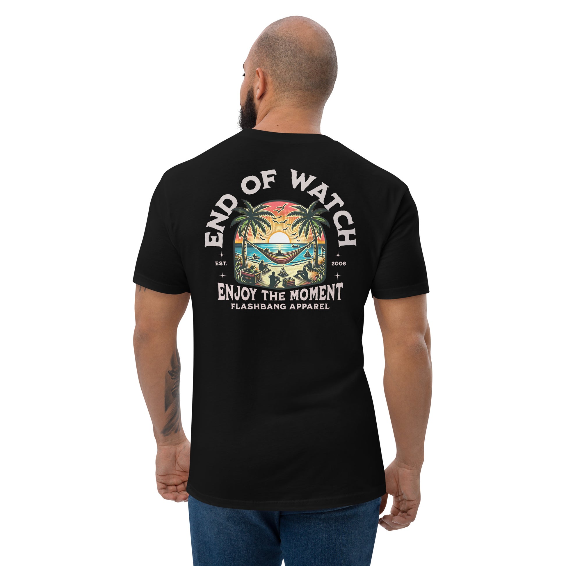 End of Watch T-shirt with palm tree design and summer beach vibes - Back View - Black - Model Guy