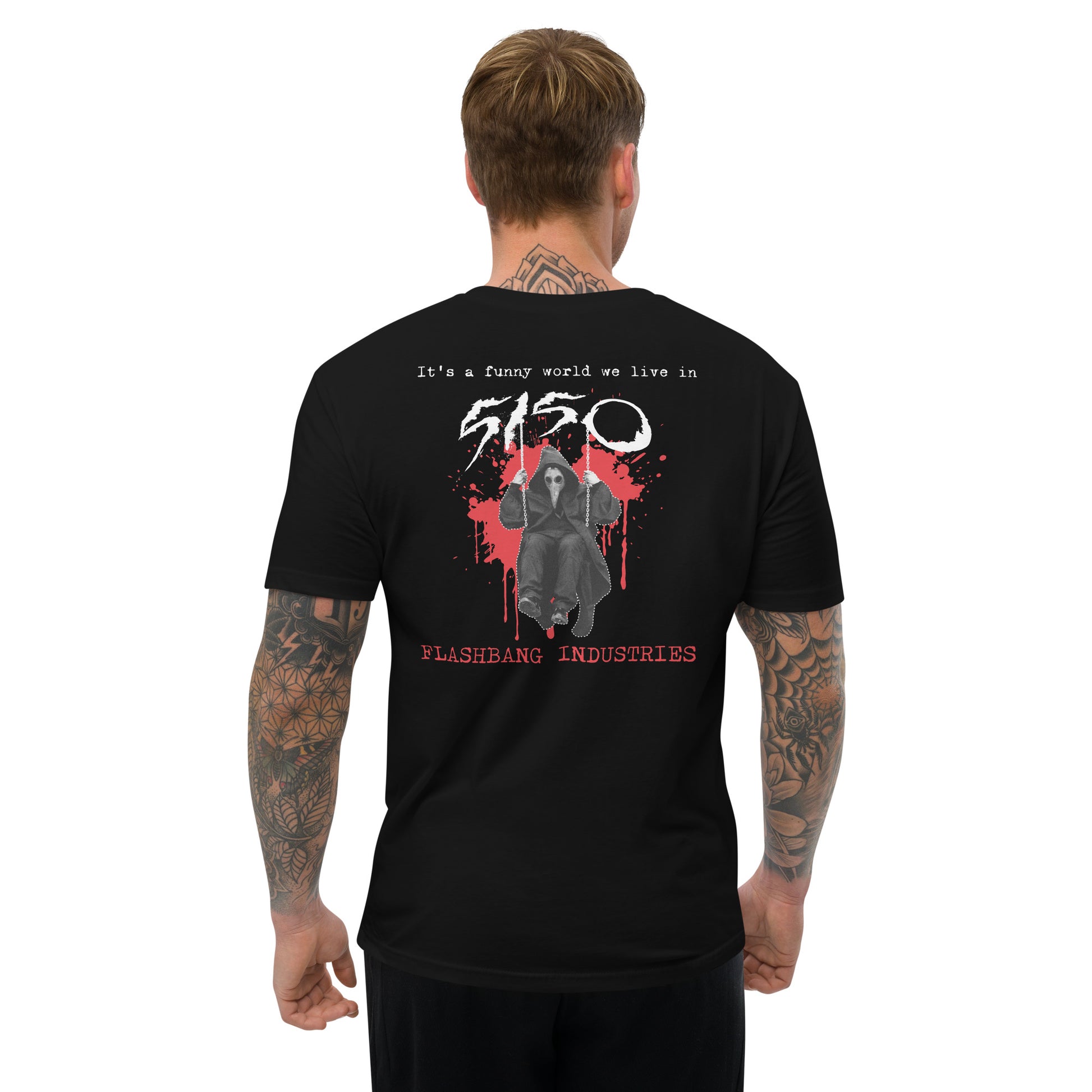 Funny World 5150 T-shirt honoring mental health awareness - Back View - Black - Model Guy