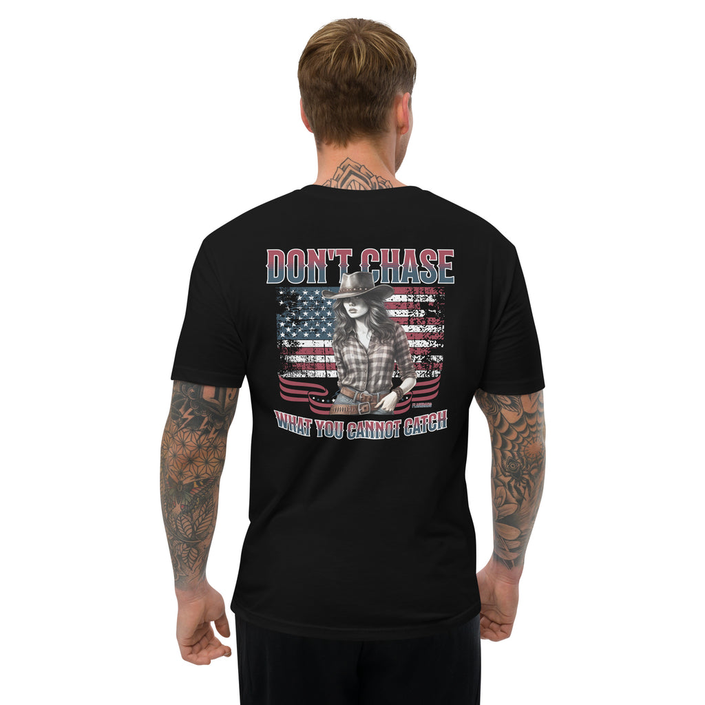 Don't Chase T-shirt – Cowgirl Western shirt for men, ideal for rodeo and Western fashion fans - Back View- Black - Model Guy