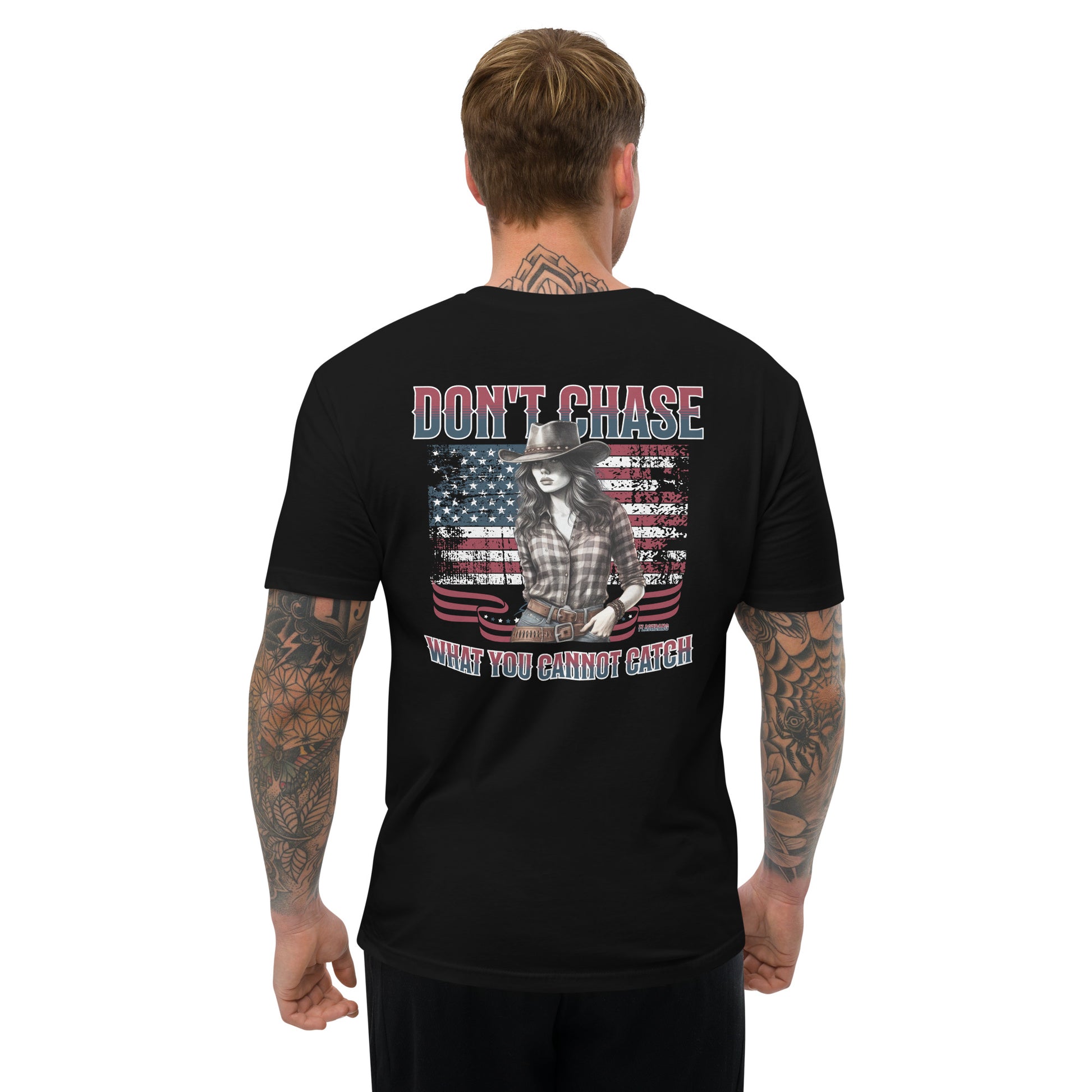 Don't Chase T-shirt – Cowgirl Western shirt for men, ideal for rodeo and Western fashion fans - Back View- Black - Model Guy