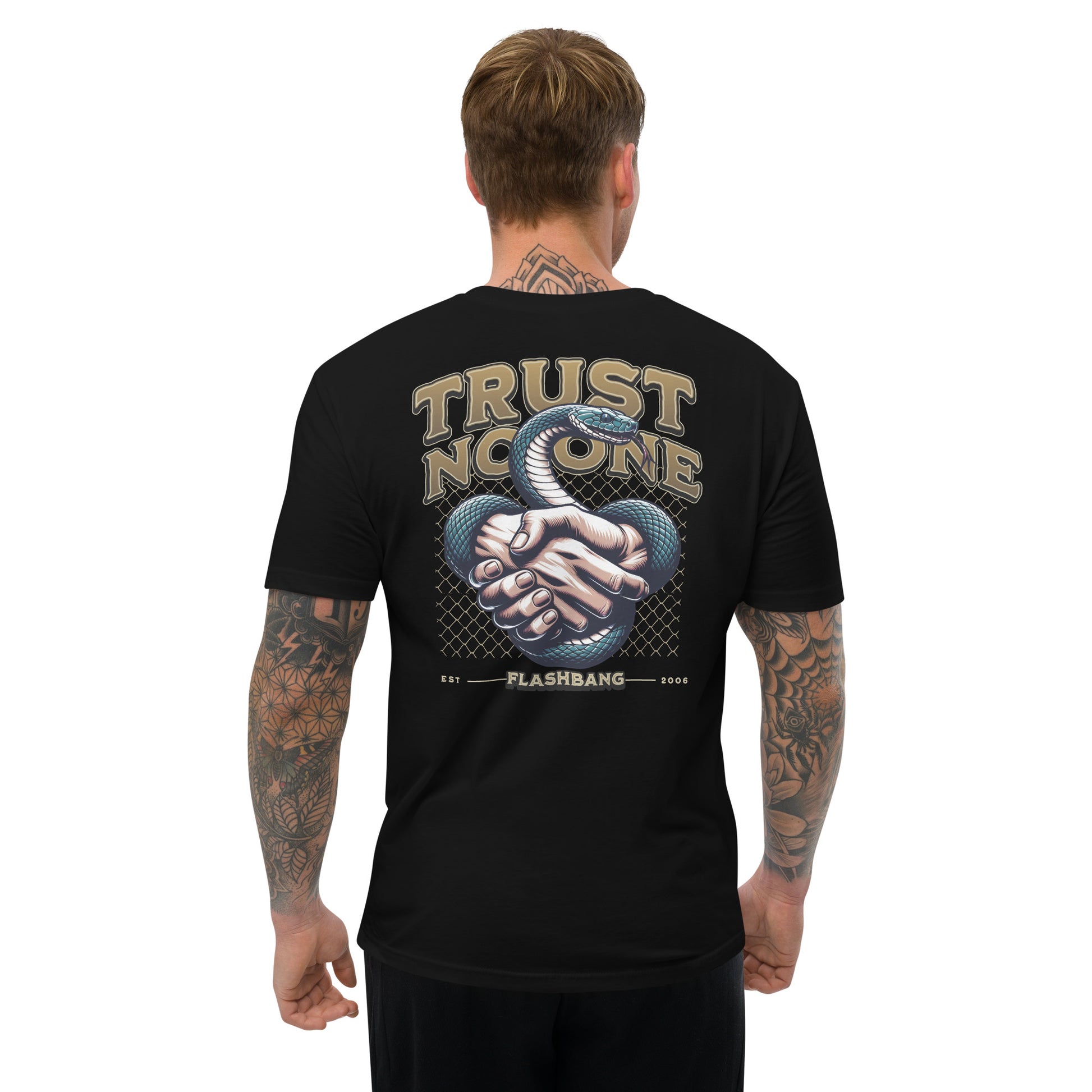 Trust No One T-shirt with bold graphic design featuring a snake and handshake - Back View - Black - Model Guy